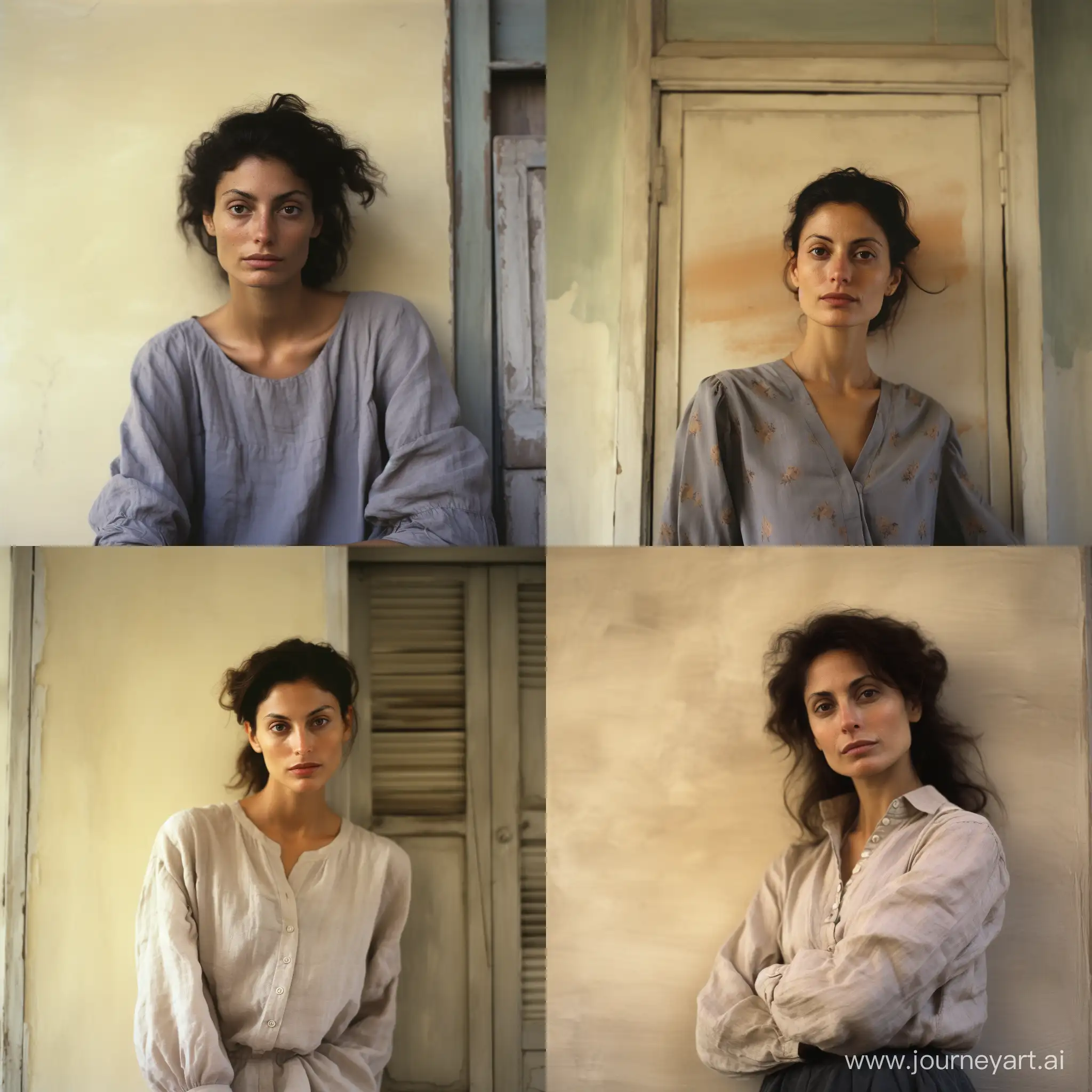 full body shot photo of a 40 years old, Italian woman, in front of a brownish wall; peaceful and relaxed expression; almond eyes, eye contact; summer gentle light. Shot with Kodak Portra 160::3 ; in the style of Deborah Turbeville::2