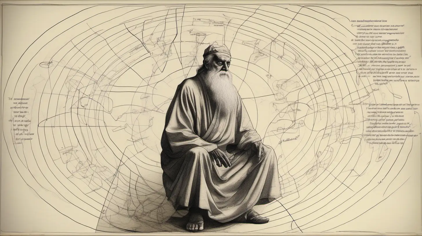 Wise Man Contemplating Solitude Intricate Diagrammatic Drawing