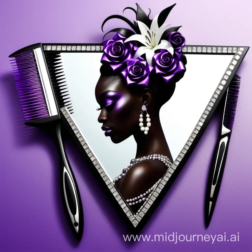 /imagine prompt: /imagine prompt: /imagine prompt: purple turquoise and sliver hairbrushes, clippers and combs with purple and silver roses and lilies diamonds pearls on a triangle mirror black woman silhouette geometric illustration , african american