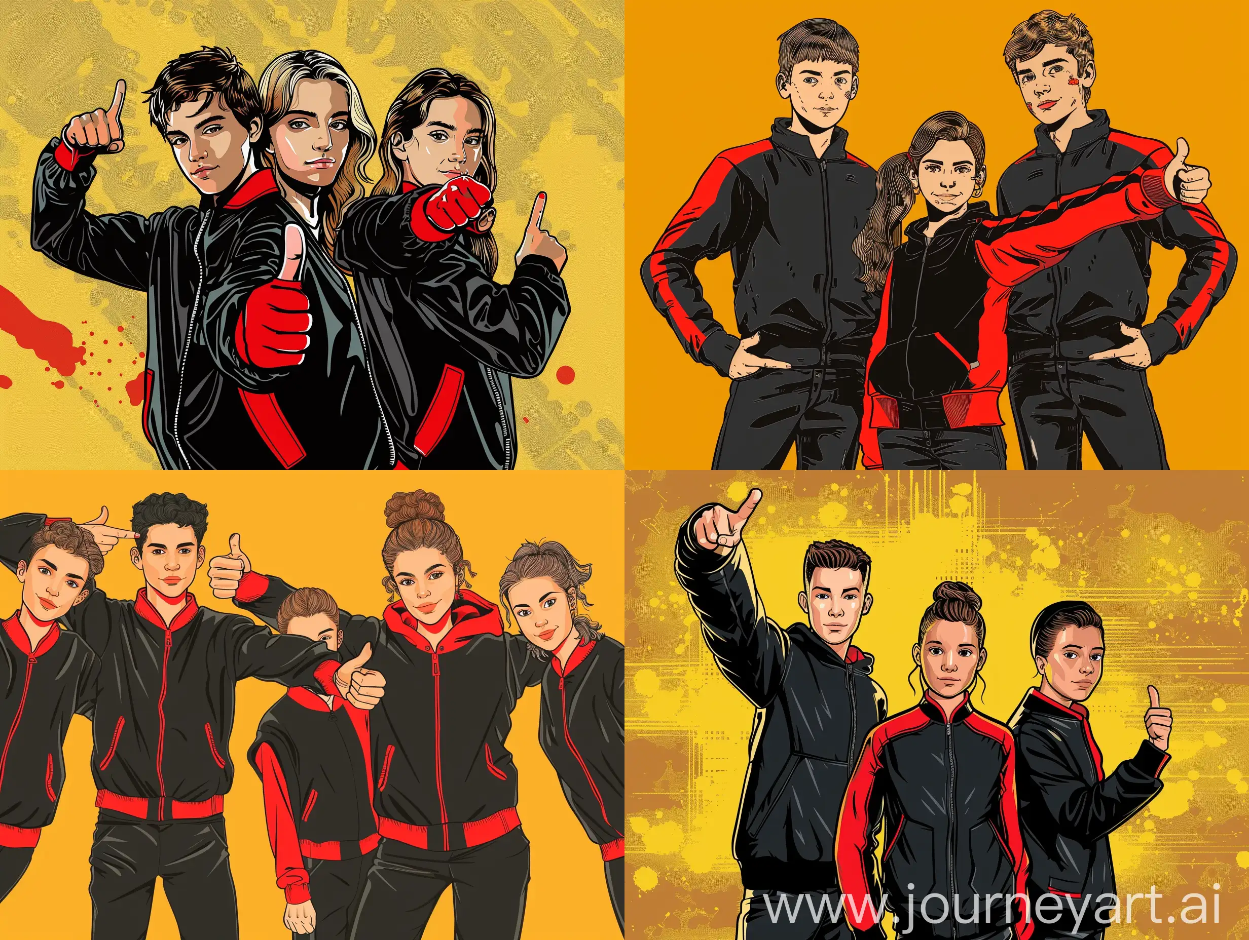 Young people, two tall boys of twenty years old and two girls in the center, in black bombers with red sleeves, stretch their hand forward with their thumb raised, pop art style