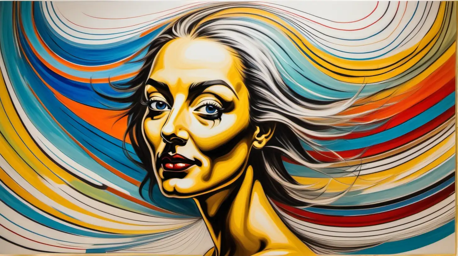 Individuality, painting in an abstract style, large straight lines, a calm, happy face of an attractive woman with the hair in the wind. Draw with the lines, bright colors, in the style of Salvador Dali.