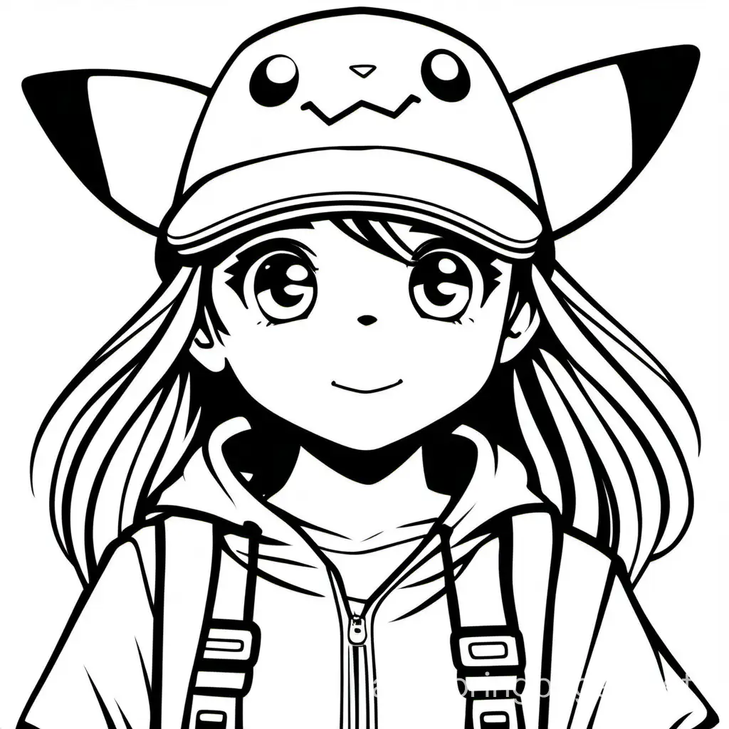 A girl wearing a pikachu hat, Coloring Page, black and white, line art, white background, Simplicity, Ample White Space. The background of the coloring page is plain white to make it easy for young children to color within the lines. The outlines of all the subjects are easy to distinguish, making it simple for kids to color without too much difficulty