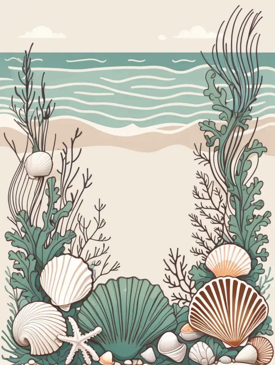 Vibrant Seaweed and Seashells Illustration in FlatLine Style