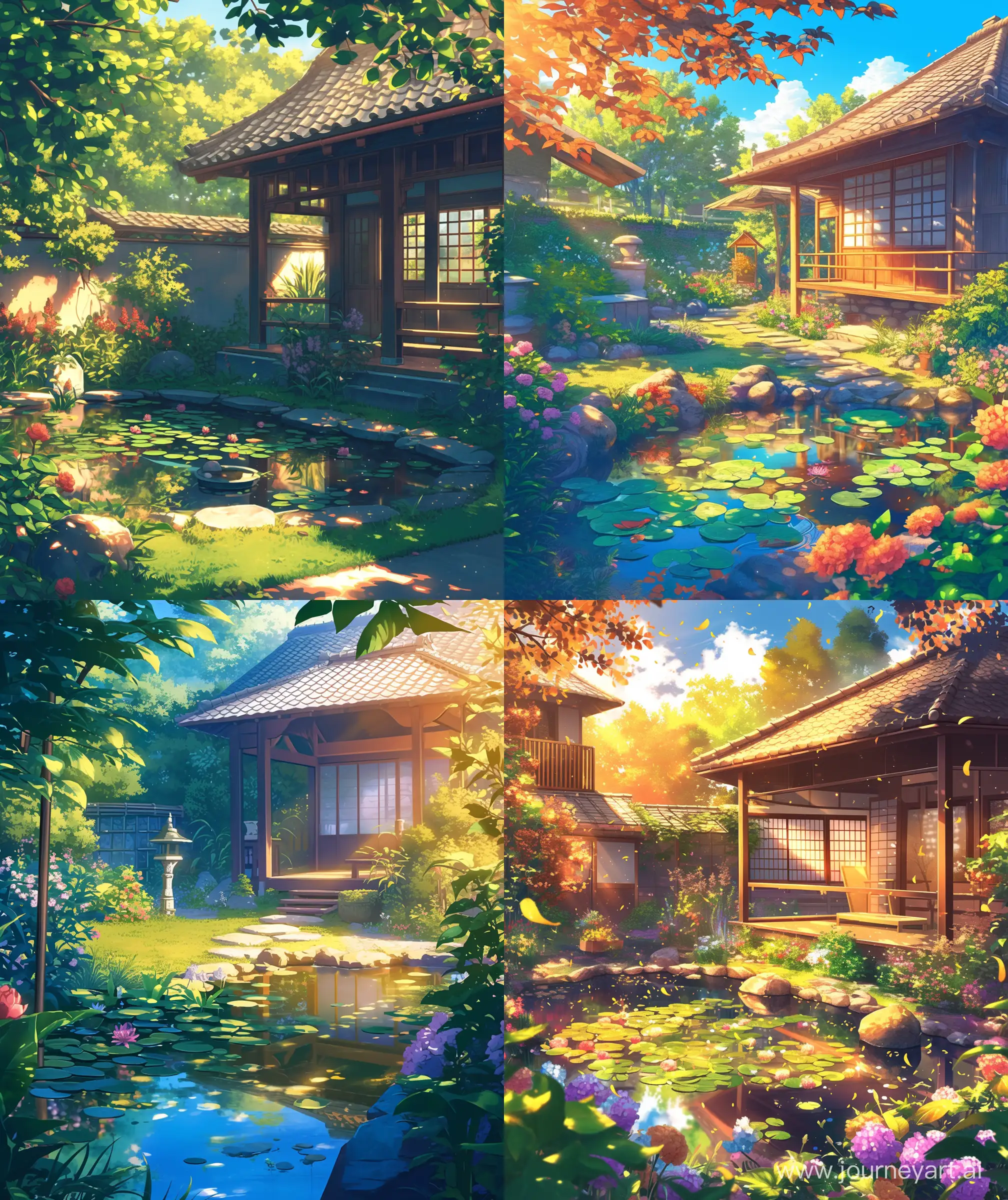 Anime scenary, countryside house, backyard, garden, flowers, small pond with pabel, garden decoration, Ghibli style, beautiful view, sunlight through leaves, warm and lively look, beautiful contrast --ar 27:32 --niji 6 