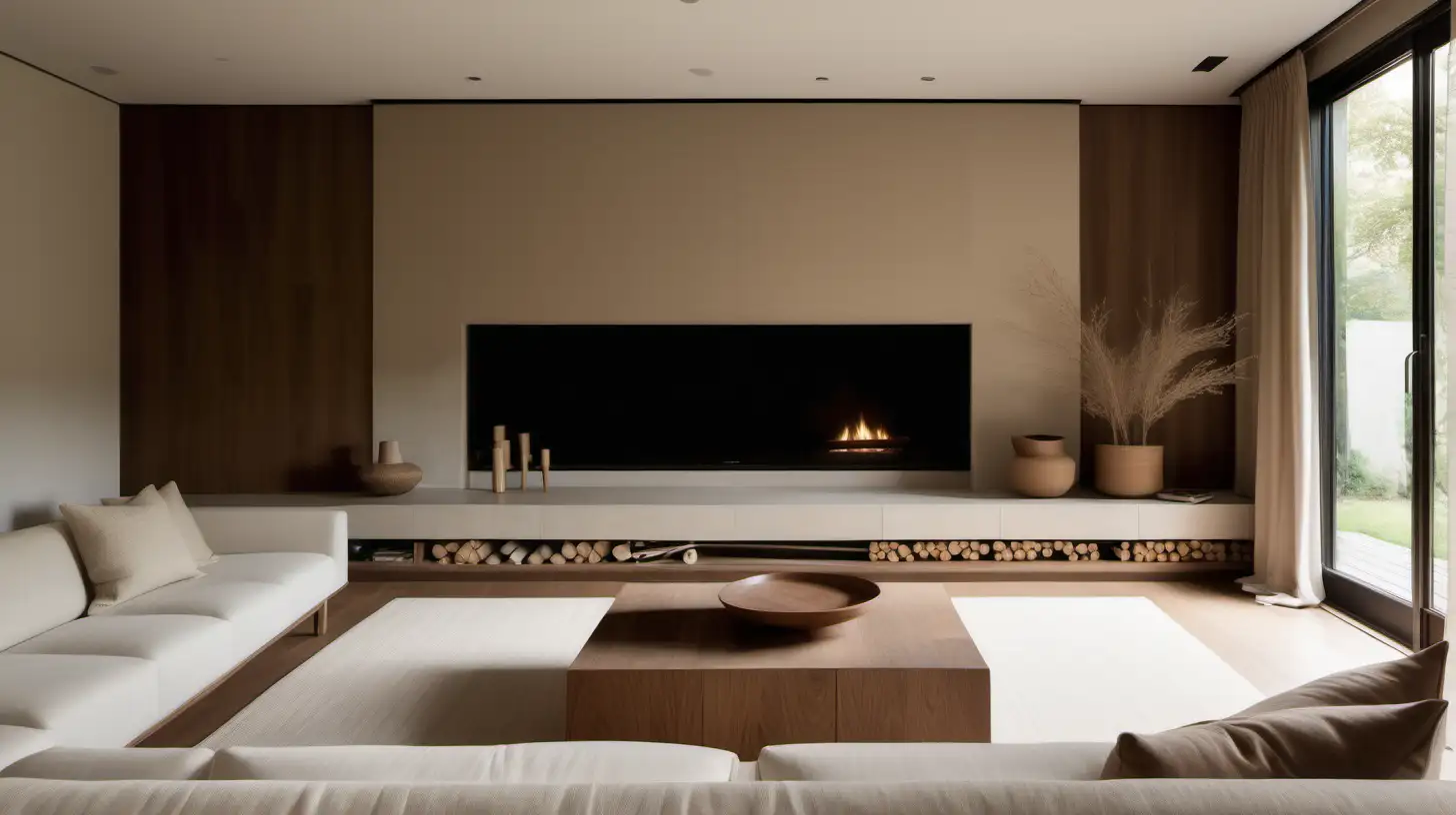 an organic minimalist modern japandi style estate home long living room with a fireplace, a wall mounted tv and built in cabinets and shelves; beige wool runner rug; walnut wood, oak flooring, Bauwerk ivory limewashed walls, a large window with linen curtains