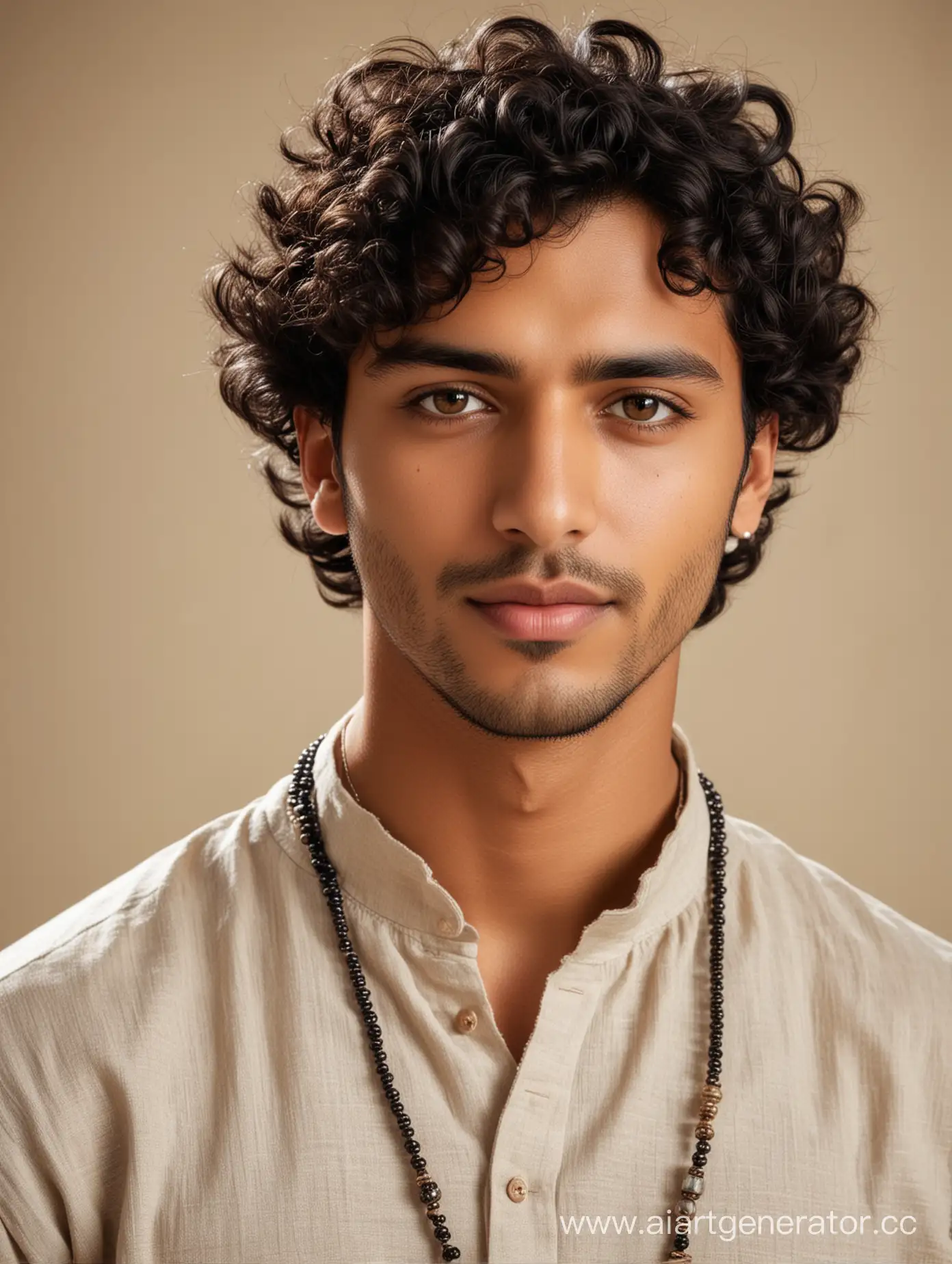 Swarthy-Indian-Man-in-Linen-Clothes-with-Beaded-Necklace