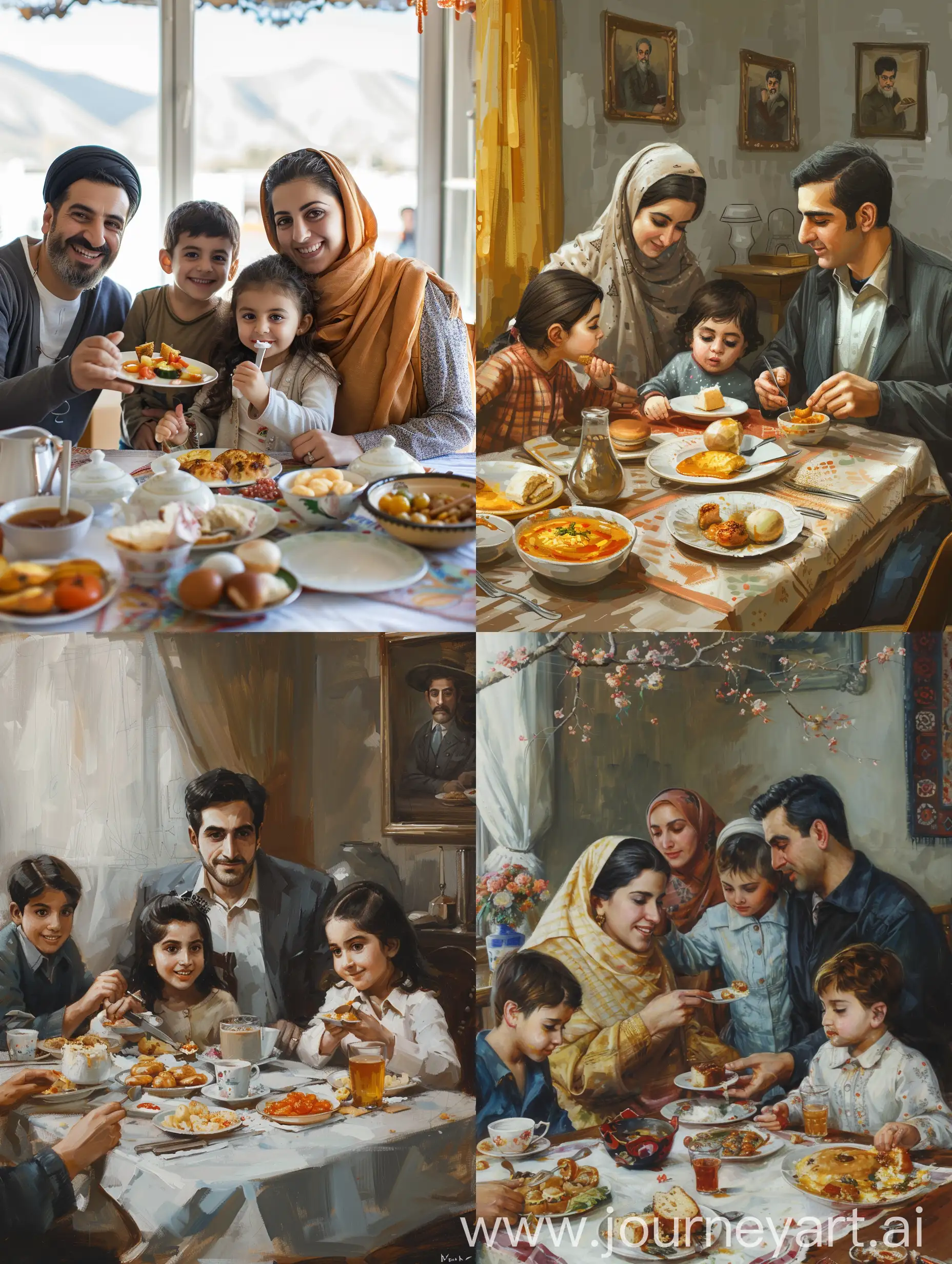 Iranian-Family-Enjoying-Breakfast-Together-Cultural-Scene-with-Mom-Dad-Daughter-and-Son