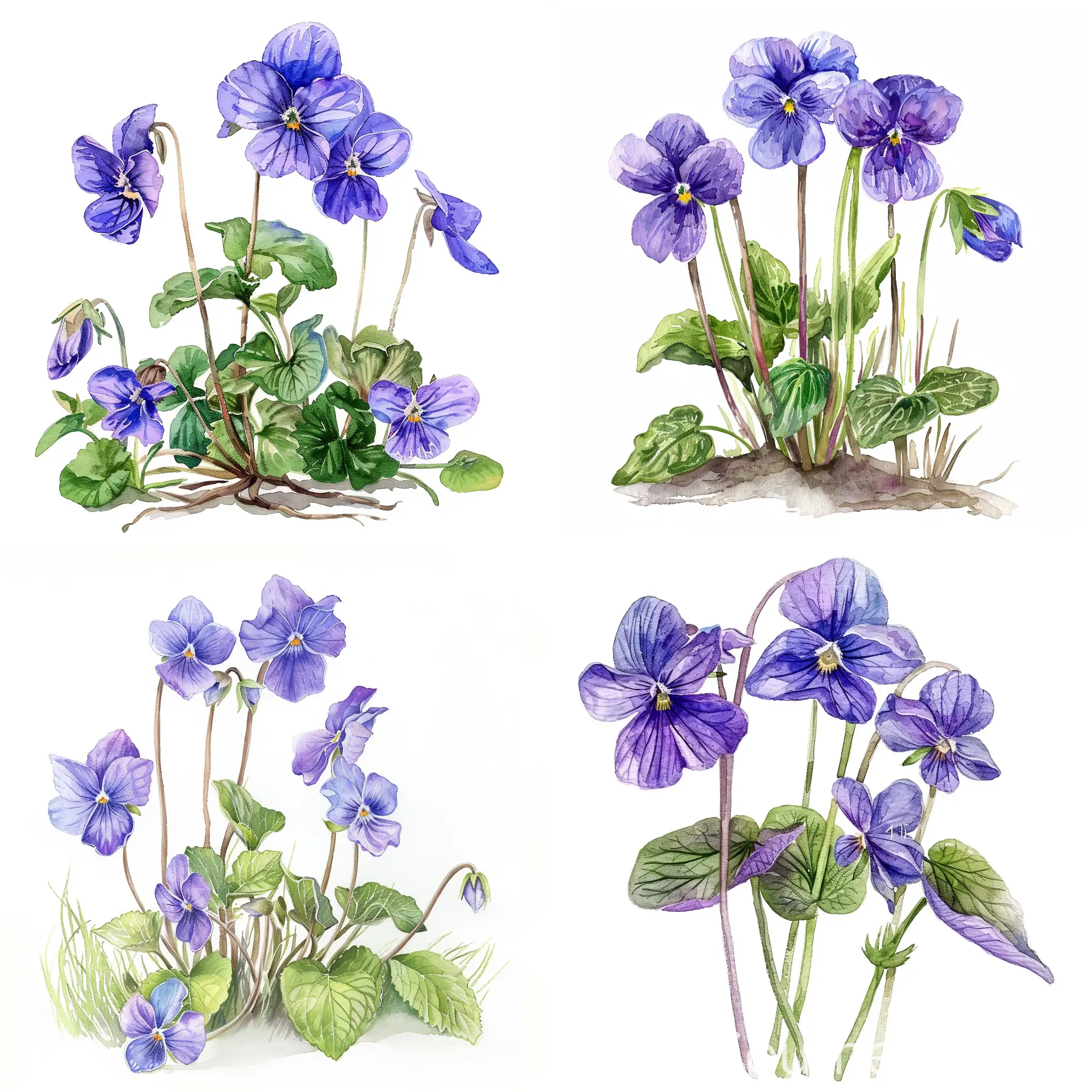 watercolor standing wildflower, violets, beautiful, on white background, soft handpainted, detailed