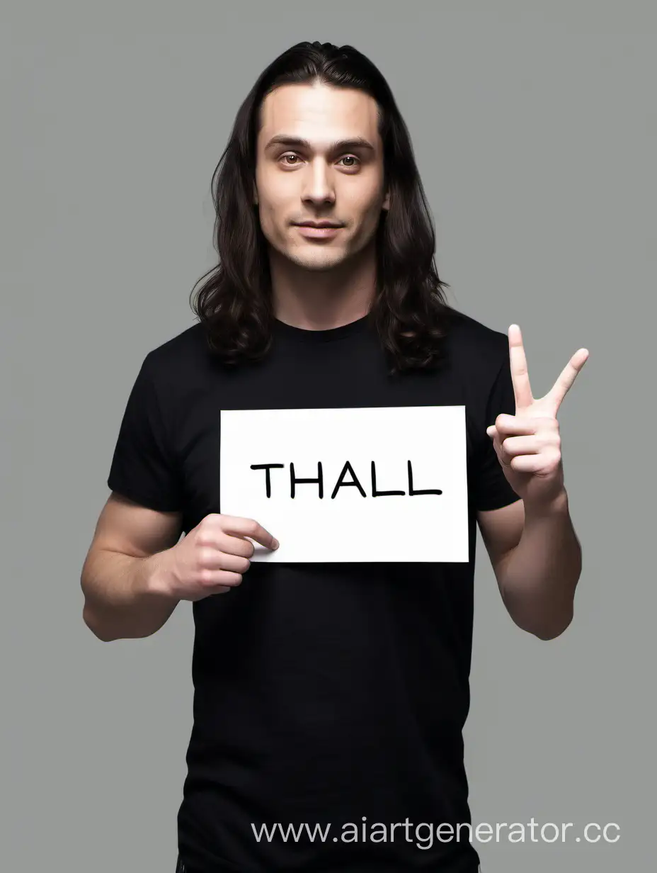нарисуй мужчину 30 лет с длинными темными волосами, в чёрной футболке , так чтобы он показывал на белую надпись THALL