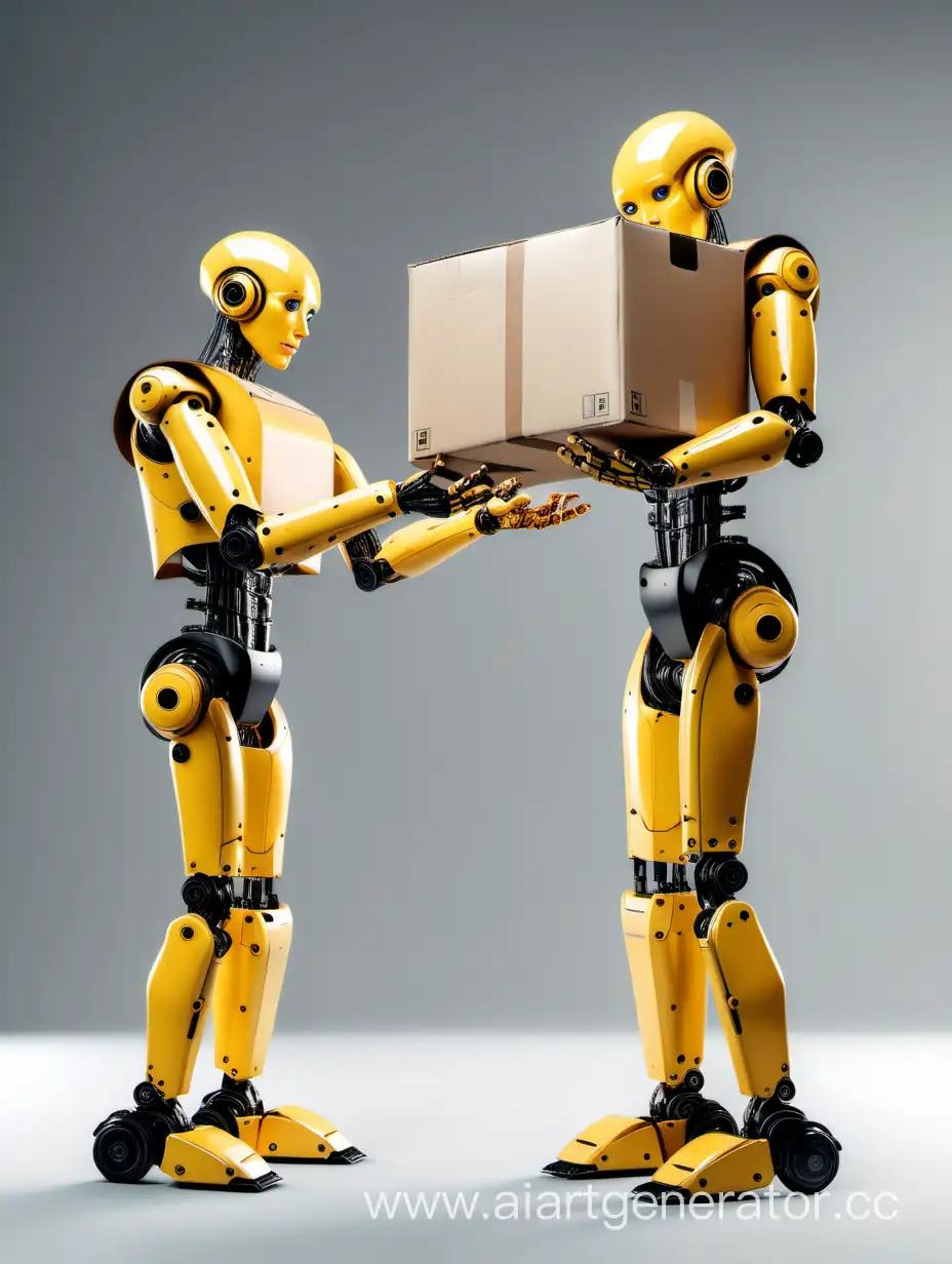 2 челолвекоподобных высоких робота желтого и черного цвета которые передают в руках картонную коробку на простом светлом фоне