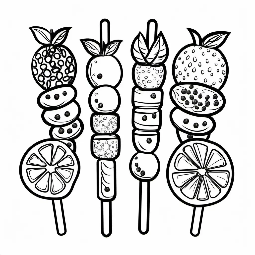 Create a bold and clean line drawing of a Fruit kebabs. without any background, Coloring Page, black and white, line art, white background, Simplicity, Ample White Space. The background of the coloring page is plain white to make it easy for young children to color within the lines. The outlines of all the subjects are easy to distinguish, making it simple for kids to color without too much difficulty