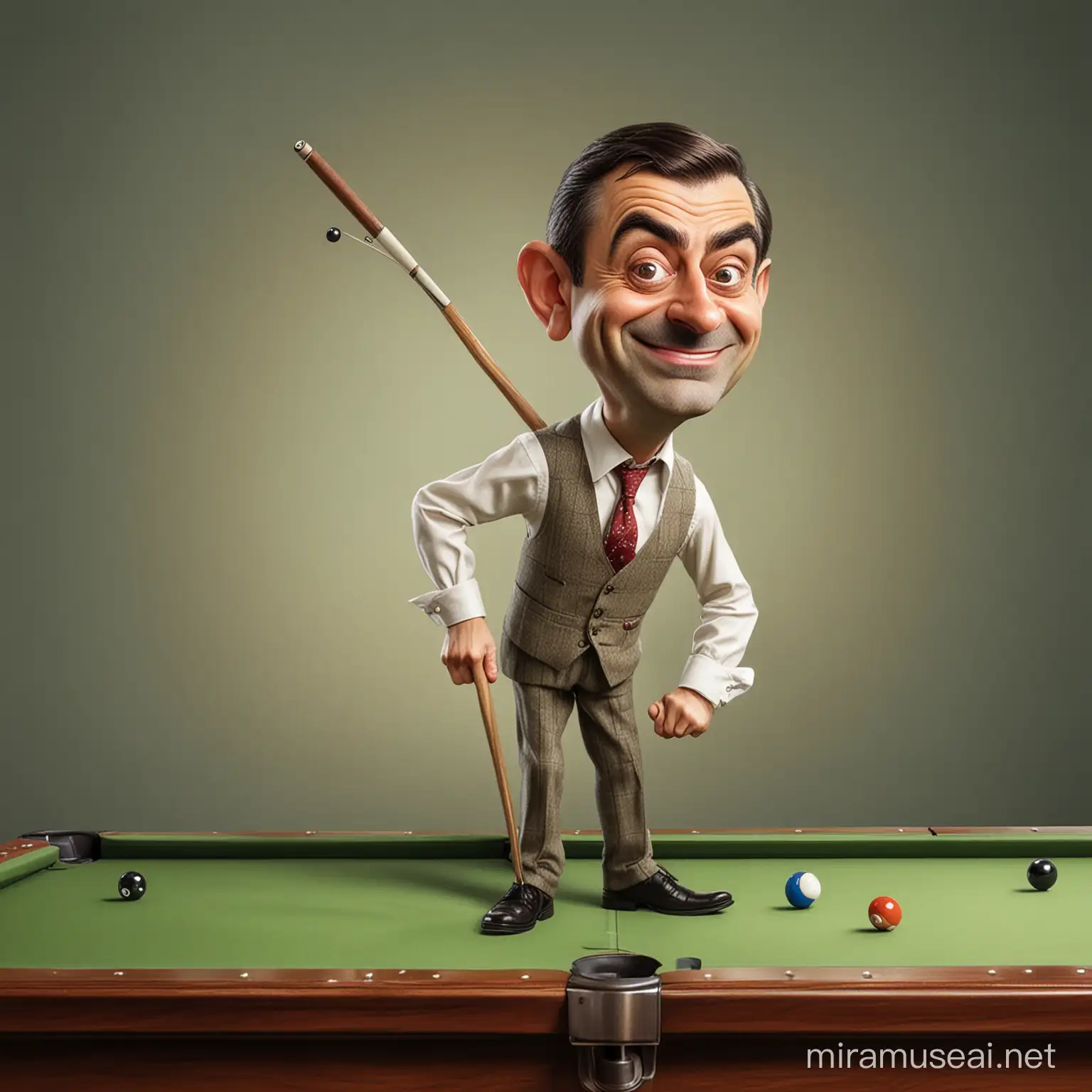 Front view caricature of Mr. Bean with an exaggerated smile on his face and leaning slightly to the right. In his left hand, he holds a billiard stick vertically. To his right, three billiard balls are suspended in the air. In front of him is a billiard table.