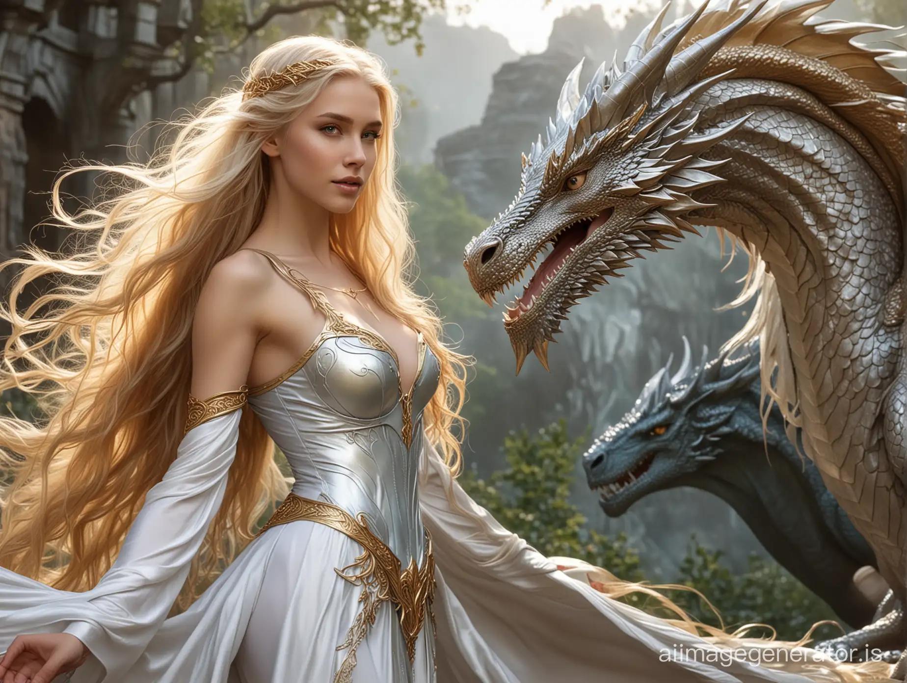 The scantily clad princess, elven, long, flowing golden hair, and her silver dragon