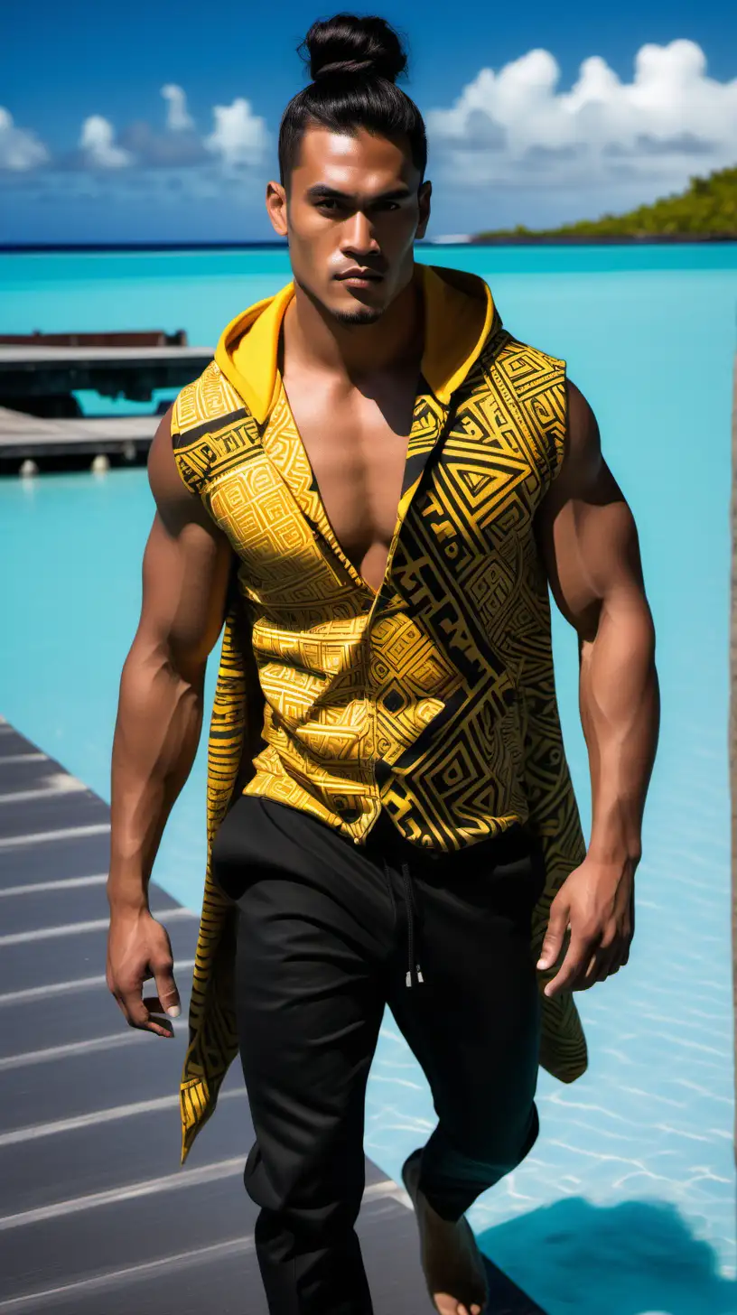 A muscular handsome Polynesian male model, with long hair wearing it up in a bun, wearing a yellow and black tapa design, long vest hoodie with a suit pants, walking above a blue lagoon.