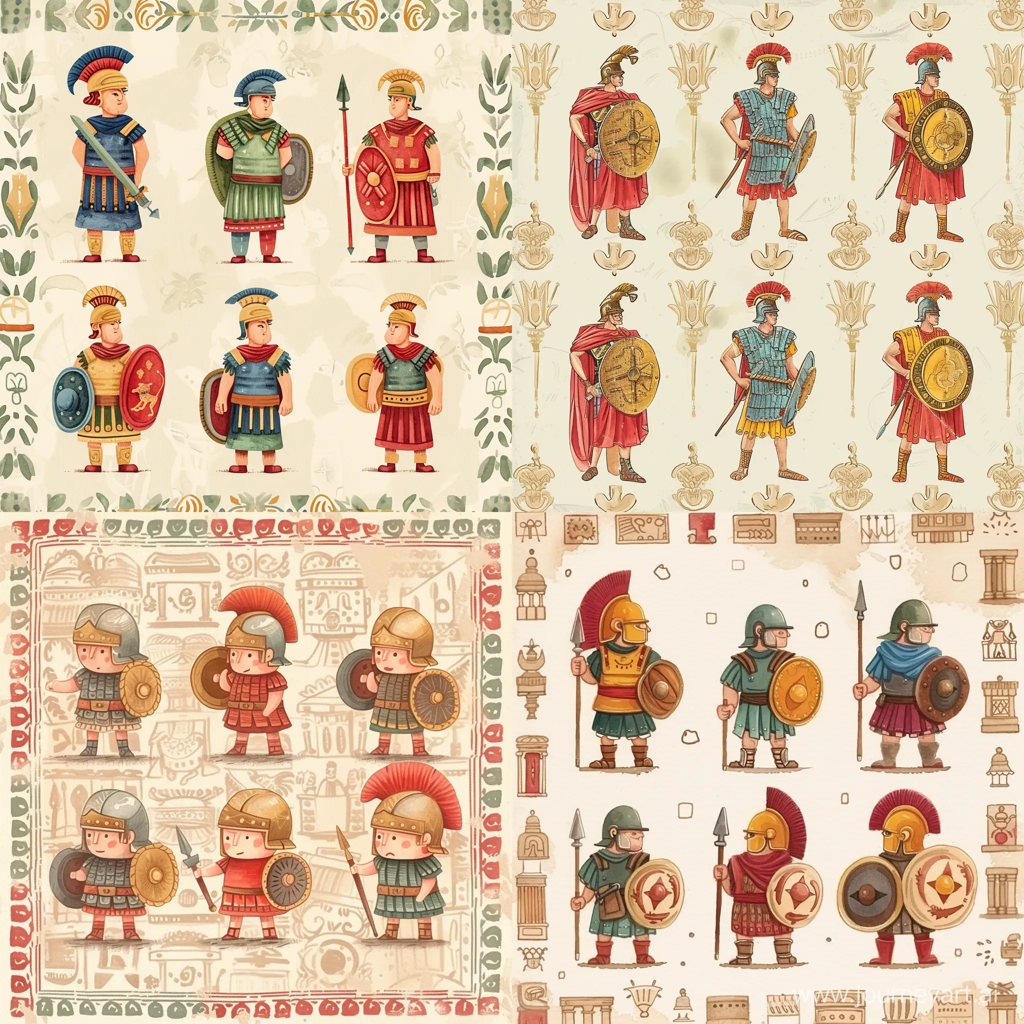 Six small figures of warriors of Ancient Rome, against the background of the pattern of ancient Rome, fabulous illustration, stylized caricature, Victor Nagi, watercolor, decorative, flat drawing