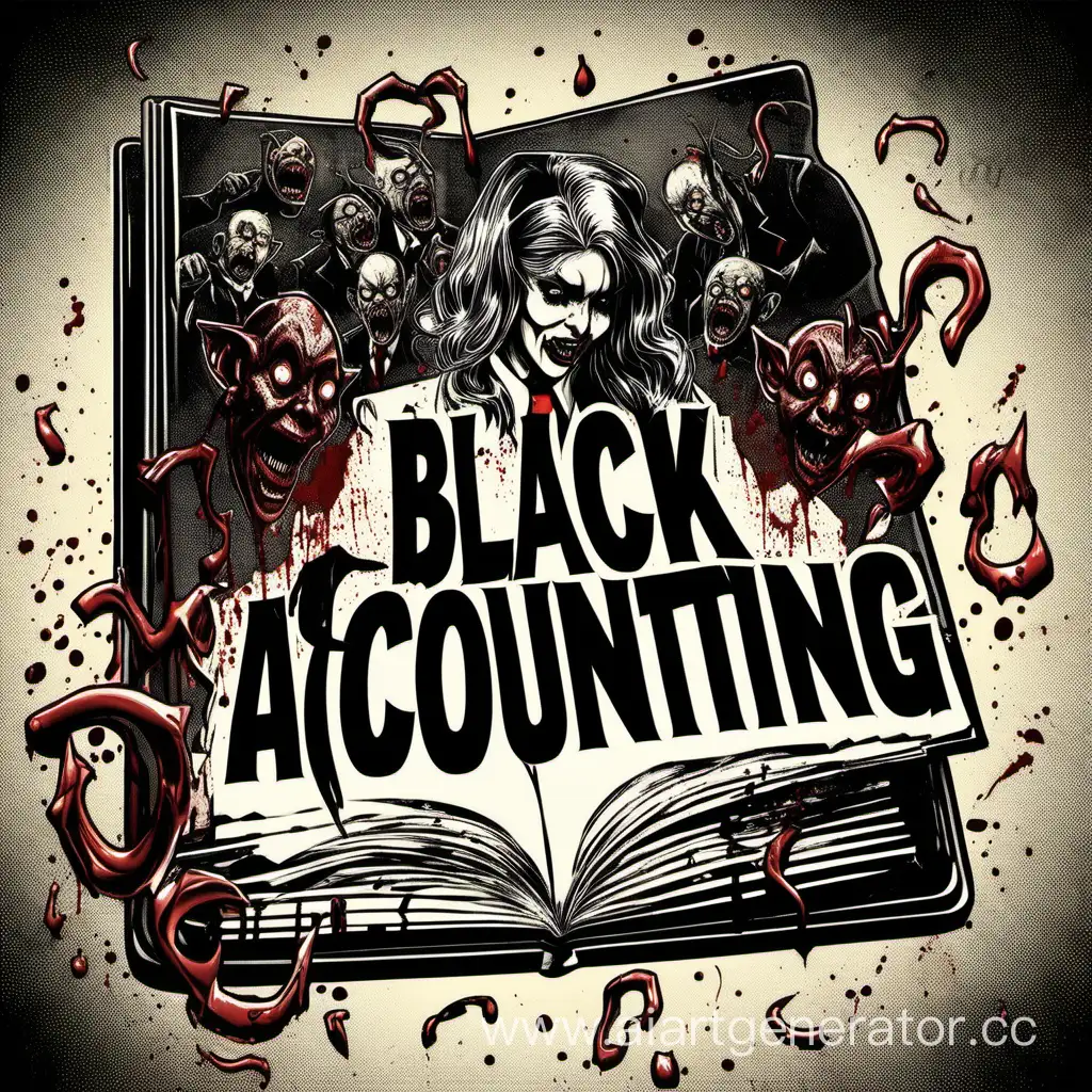 Обложка текст черным  "Black Accounting" 
капли крови канцелярская папка 
Женщина в деловом костюме. Терзают черти, демоны , демоны. 
музыка, деньги хоррор готика