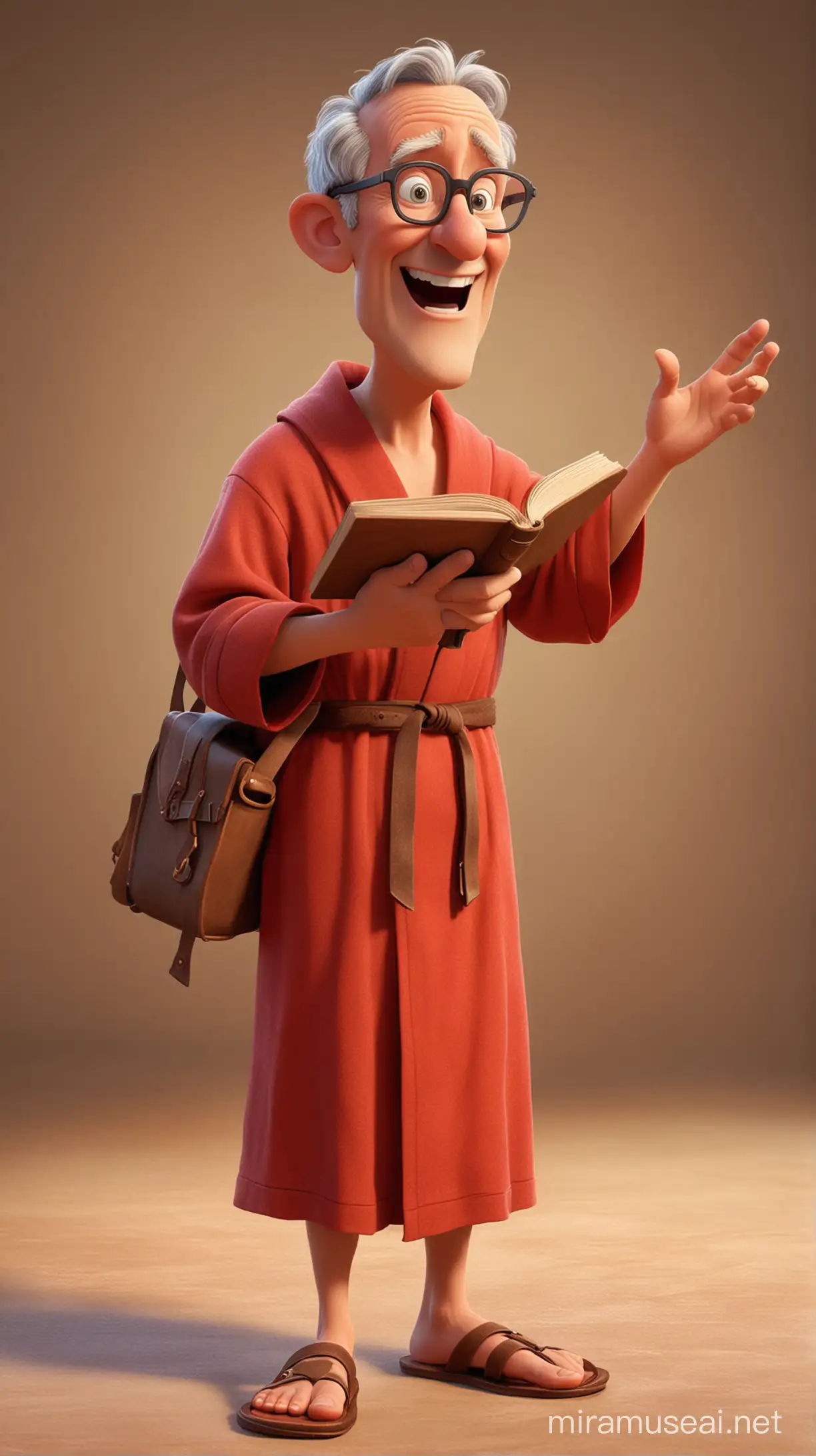 a roman professor in glasses, wearing leather sandals, in a red robe, fingers pointing up, carrying and reading a book, facial expression showing "did you know", PIXAR 3d