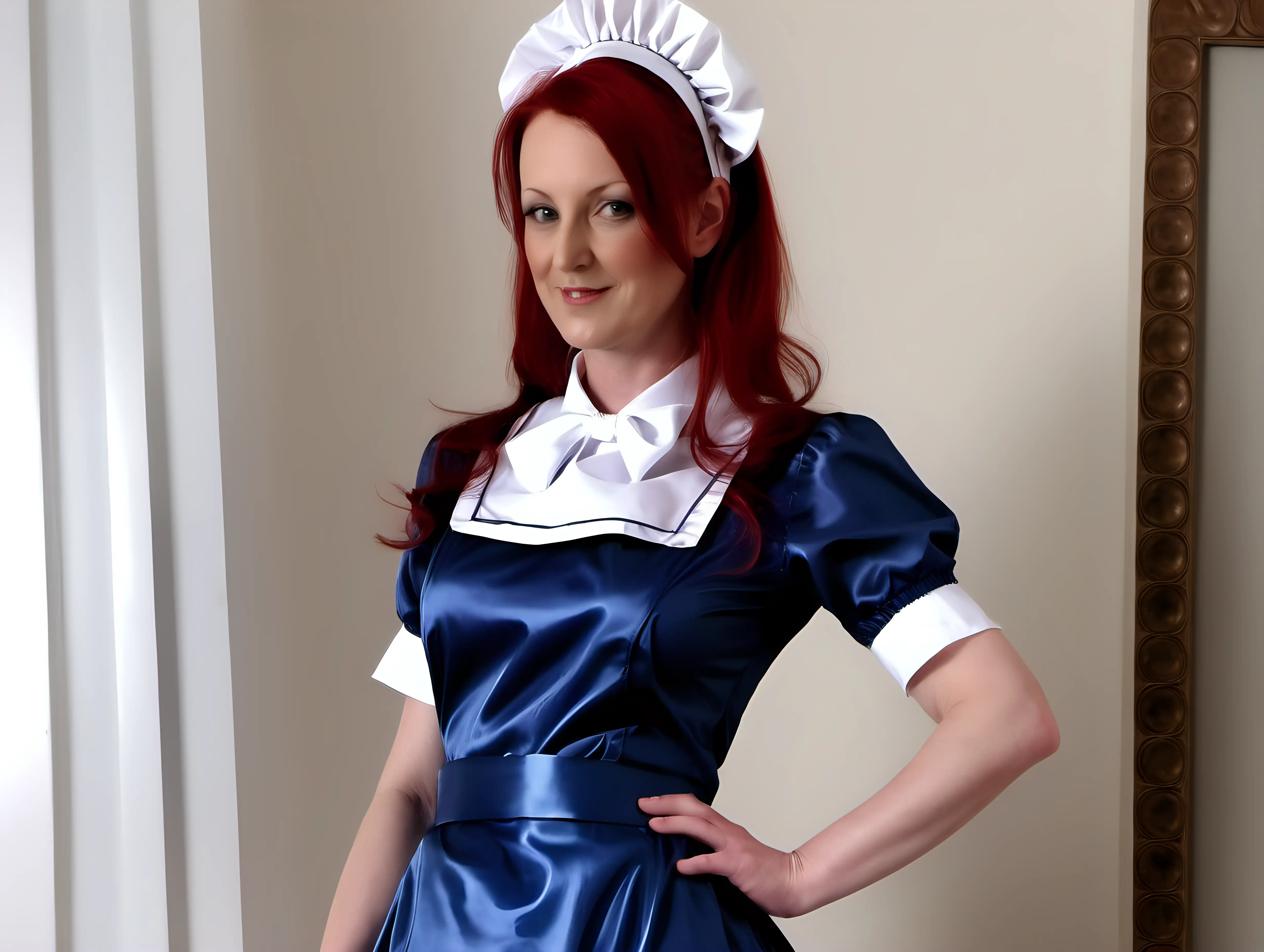 girl in long dark blue satin maid uniforms and milf mothers red hair