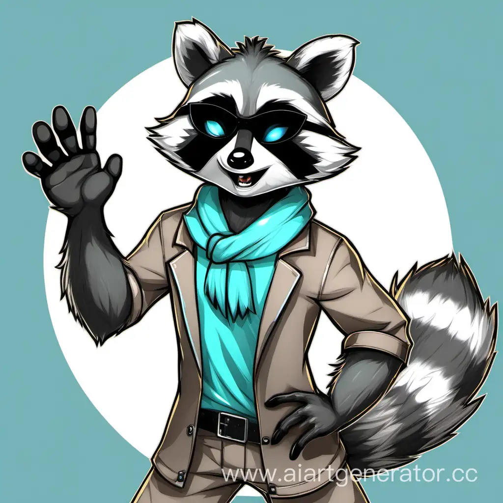 anthro furry racoon with grey and cian fur friendly gesturing