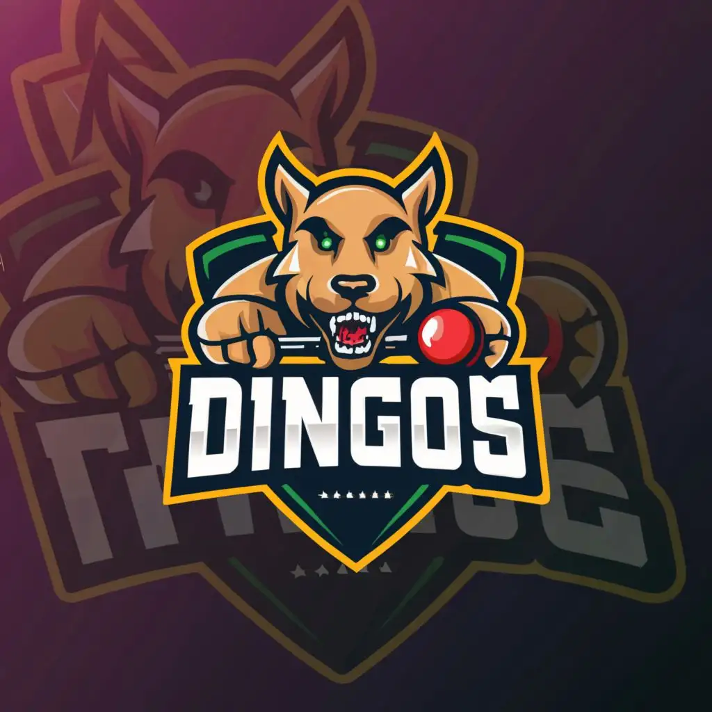 a logo design,with the text "Dingos", main symbol:Dingo playing cricket with cricket ball in background, be used in Sports Fitness industry