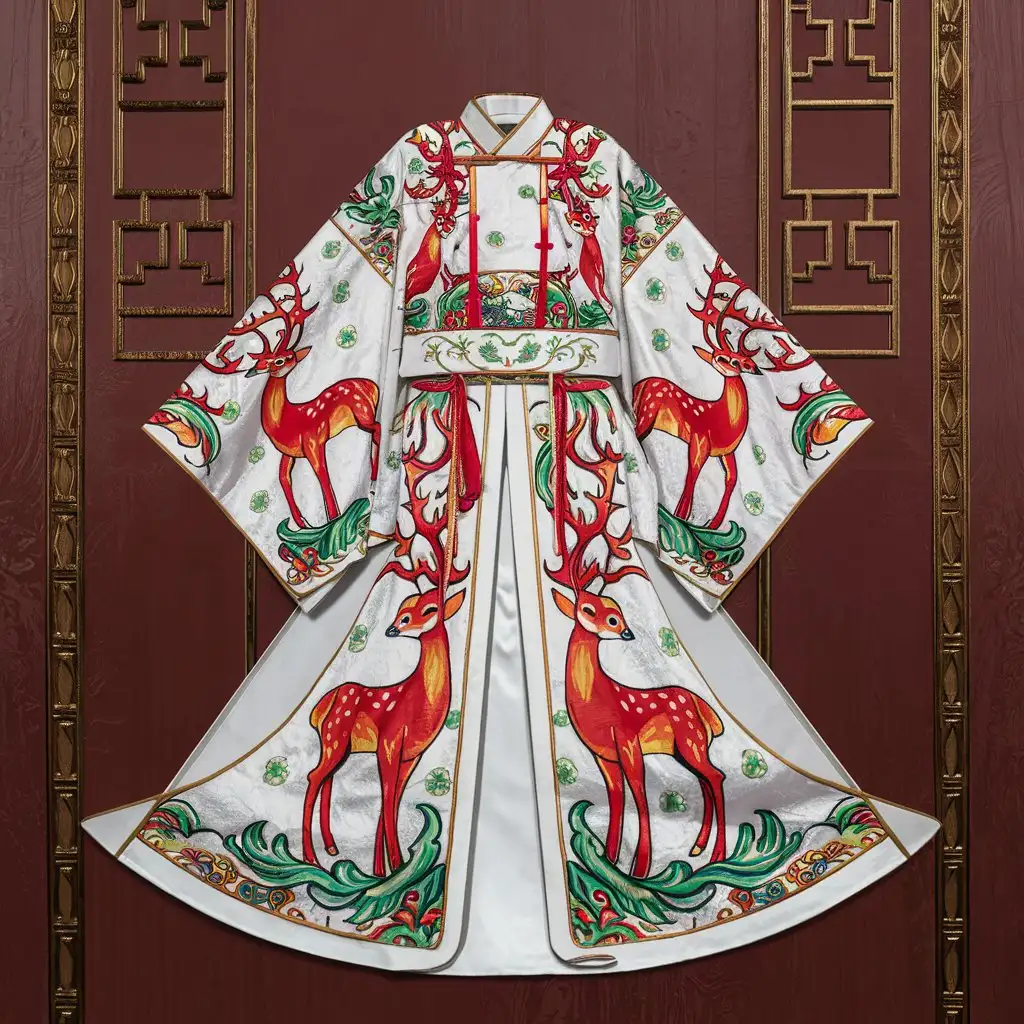 Hanfu with a seven-colored deer, the main body is a white clothing design diagram