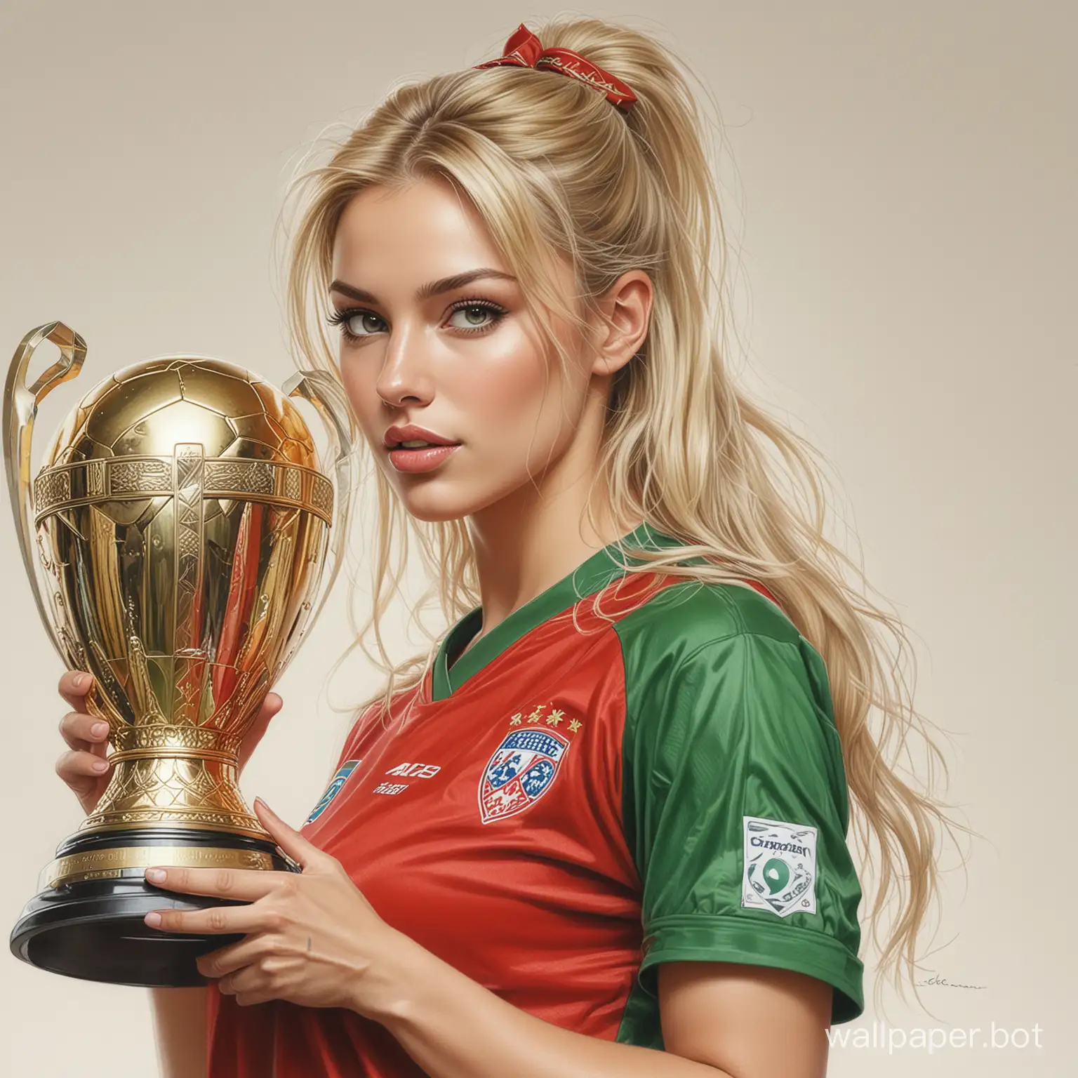 Sketch Irina Chashchina, 25 years old, blonde hair, cup size 7, narrow waist, in green-red soccer uniform, holding the big Champions Cup on a white background, very realistic drawing with colored pencils by Luis Royo