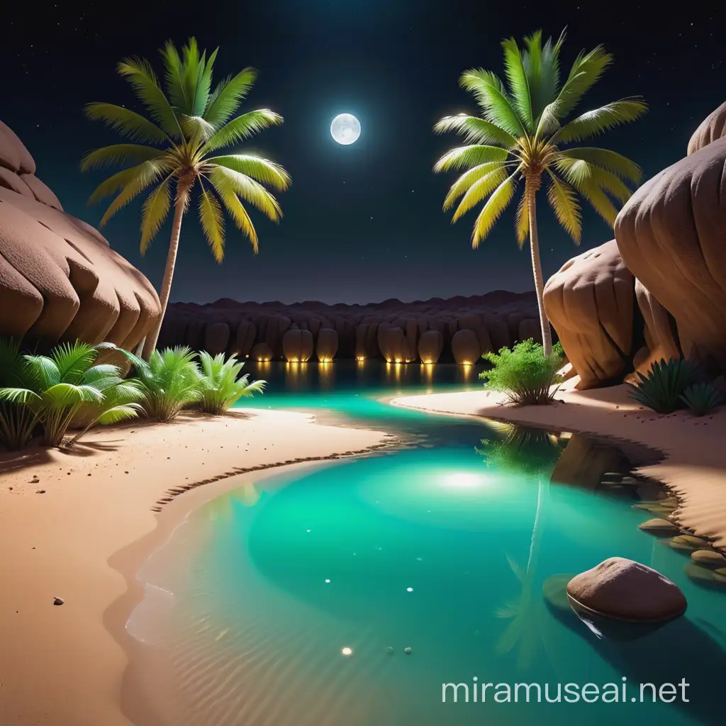 Vibrant Oasis Tranquil Desert Night Scene with Clear Water and Lush Greenery