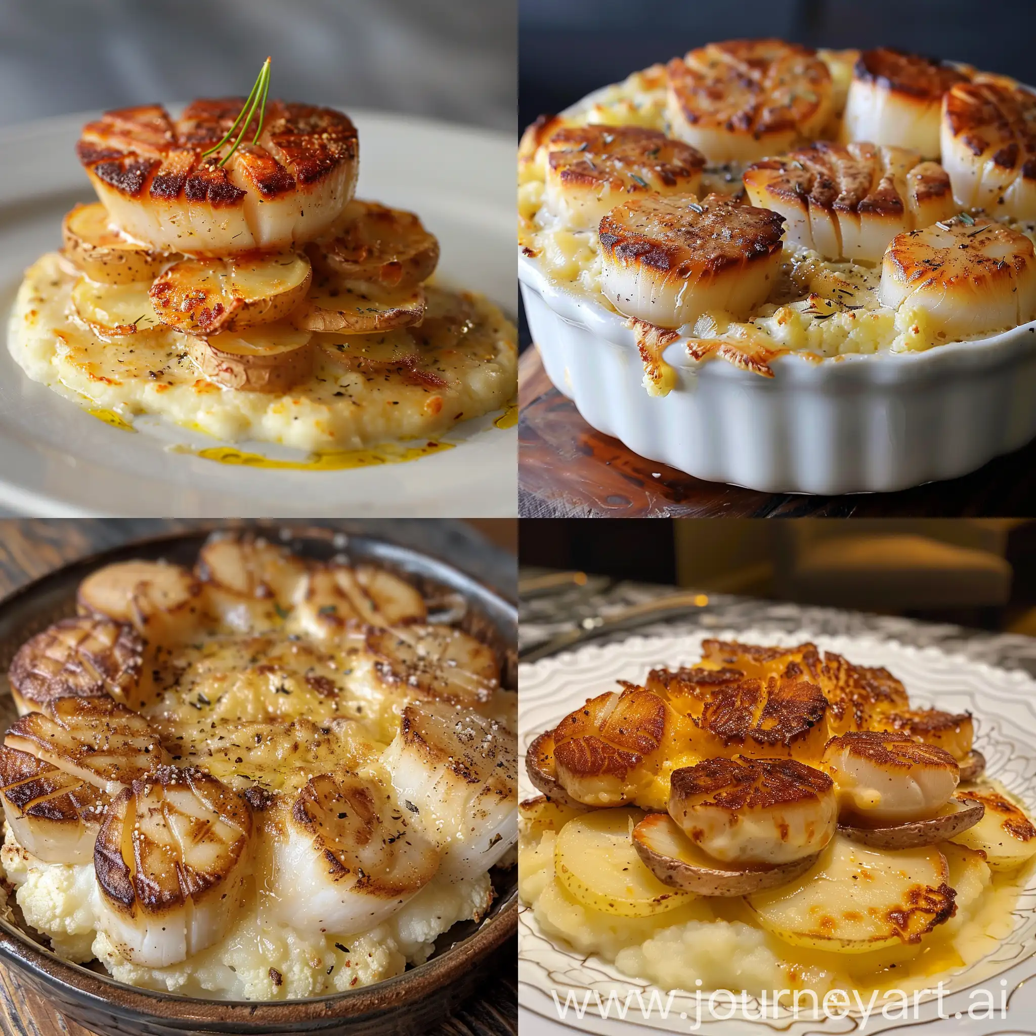 Buttery scallops sitting proudly atop a pillow of cauliflower purée. A luxurious potato gratin with paper thin slices of fingerling potatoes layered with a rich and creamy fontina cheese sauce, gratinated to a crispy golden brown worthy of a 3 Michelin star restaurant.