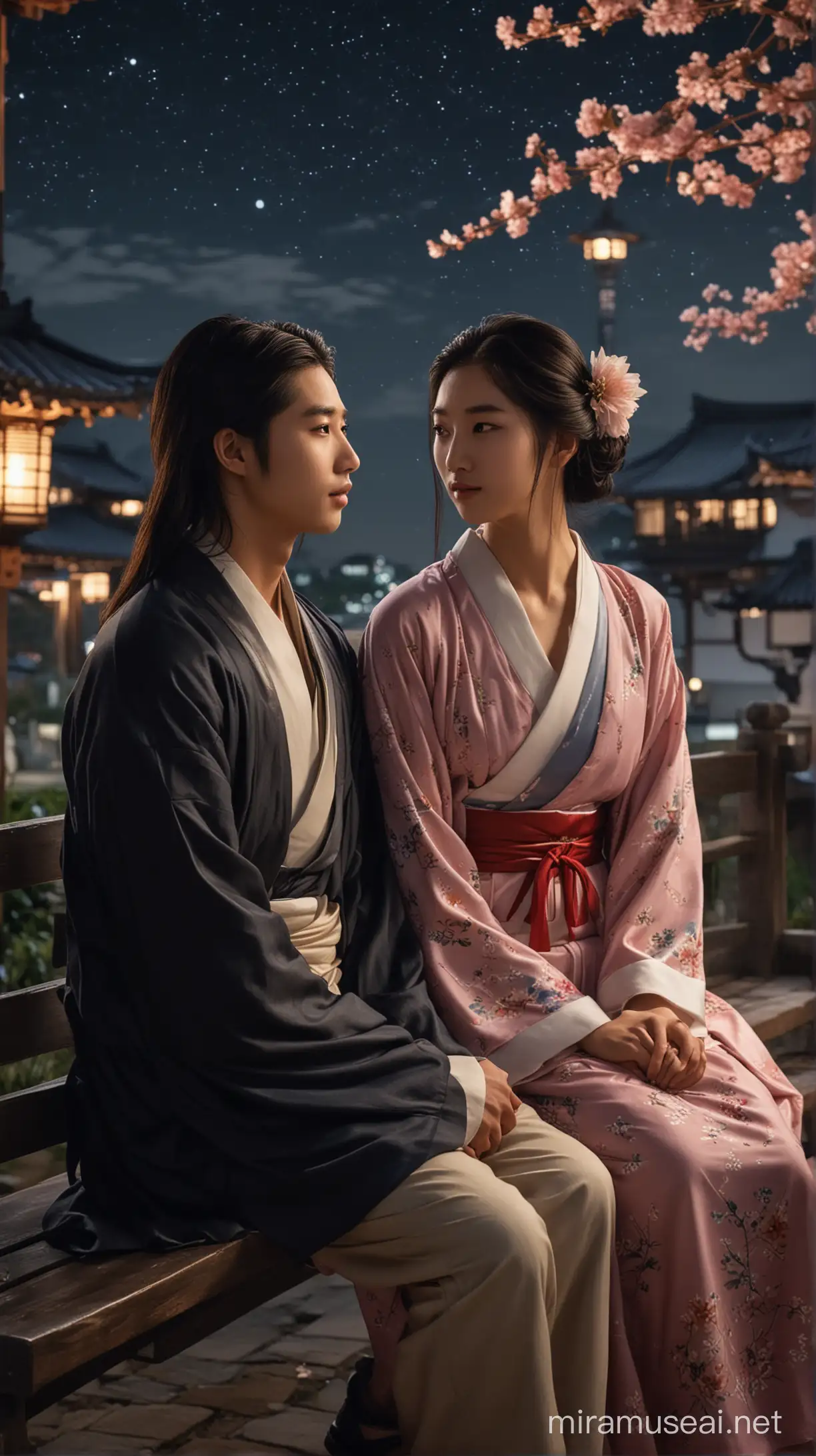 A romantic scene of a young couple sitting on a bench under the night sky in an East Asian architectural setting, the girl with long black hair adorned with a flower, gazing at the viewer, while the boy with long hair looks at her lovingly. The image is detailed and realistic, highlighting the beauty of the moment with a touch of hetero romance. --s 150 --ar 9:16 --c 5