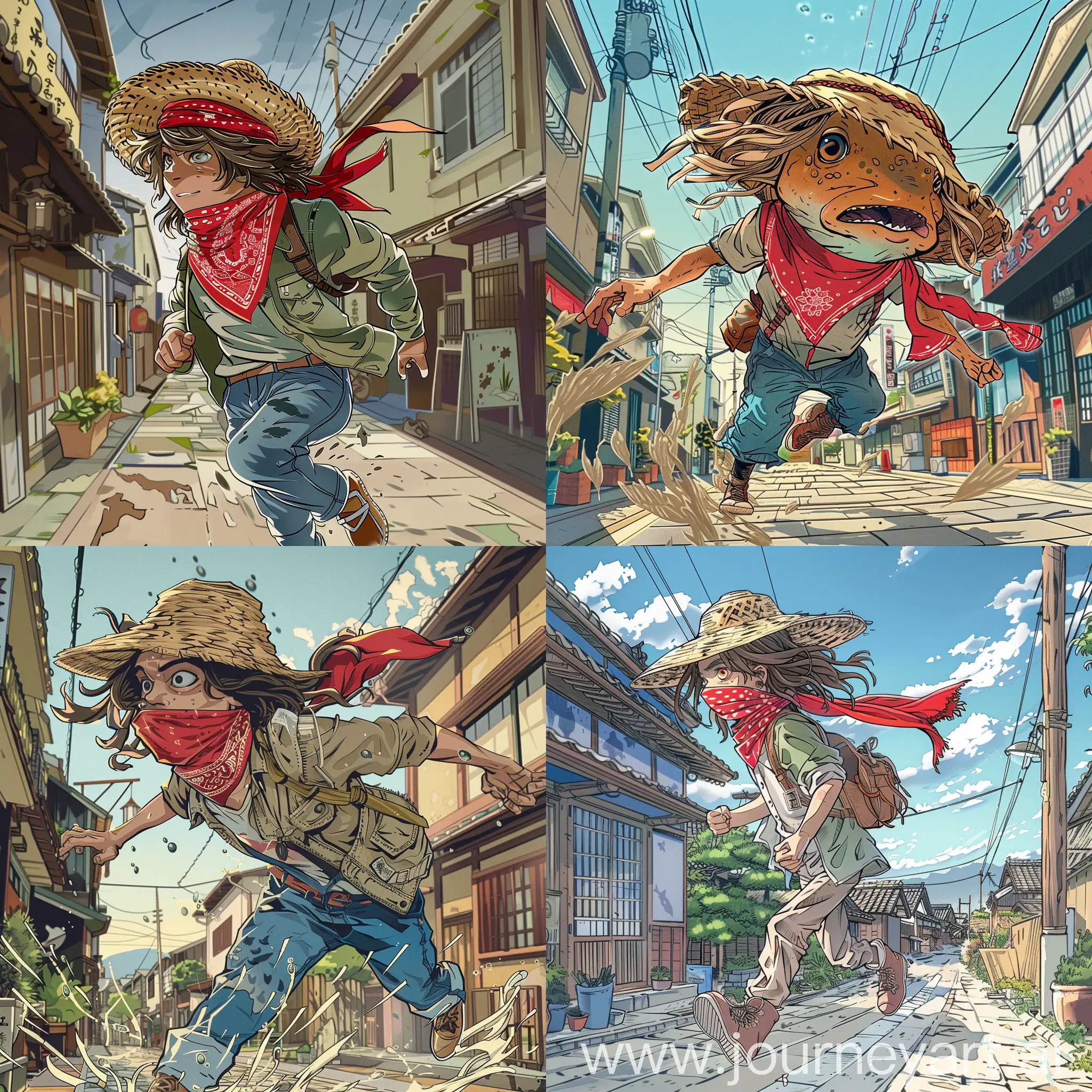 an young fish man with 17 years wearing a red bandana and a straw hat, running down the Japanese street, wavy hair, different clothes, digital art, comic book style 