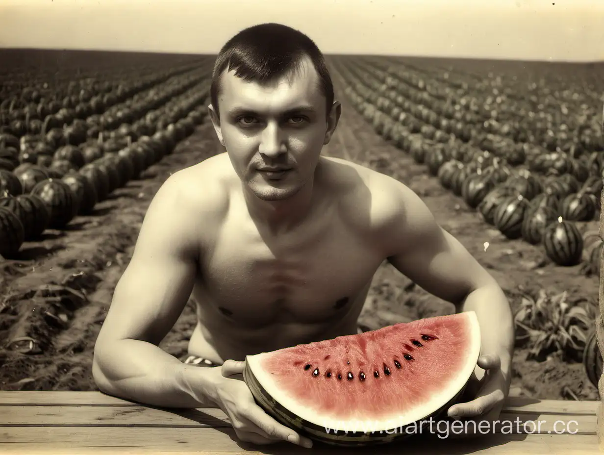 Artist-Oleg-Bocharov-with-Watermelon-Sculpture