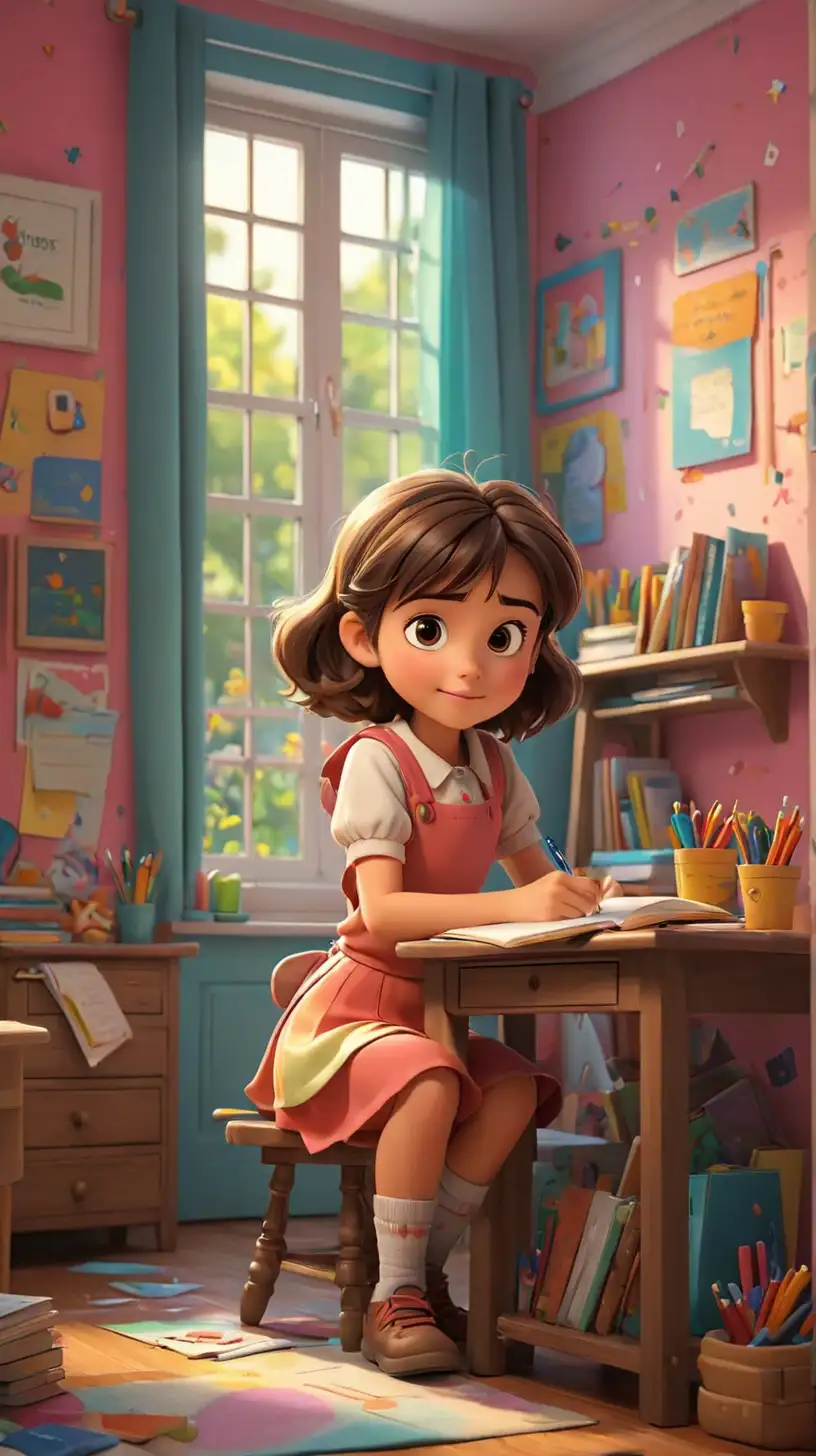 Create a 3D illustrator of an animated scene where in a little girl writing her homework in her room. Beautiful and colourful background illustrations.