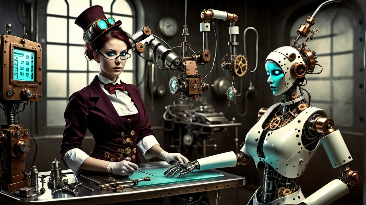 Steampunk Doctor Girl Performing Surgery with Robot Assistant