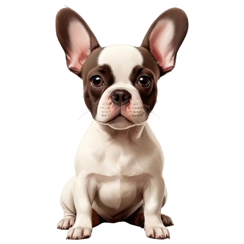 white French bulldog with brown spots with a bone in his teeth in cartoon style
