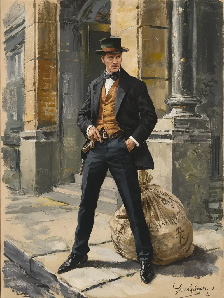 Impressionistic style emphasizing natural lighting and color, 19th-century French bank architecture, heavy use of bright, slightly unnatural colors, painted in broad daylight for brightest color details, brave and dynamic brushwork, the gangster dressed in typical 19th-century attire with bold colors, a pistol peeking out from pocket, overflowing bag of money, discreetly indicating his recent thievery, outdoor setting capturing the essence of the bank building, use of atmospheric perspective, loose and fluid brush strokes for the variances in textures and surfaces, capturing the essence of realism blended with Guillaumin’s bright palette.
