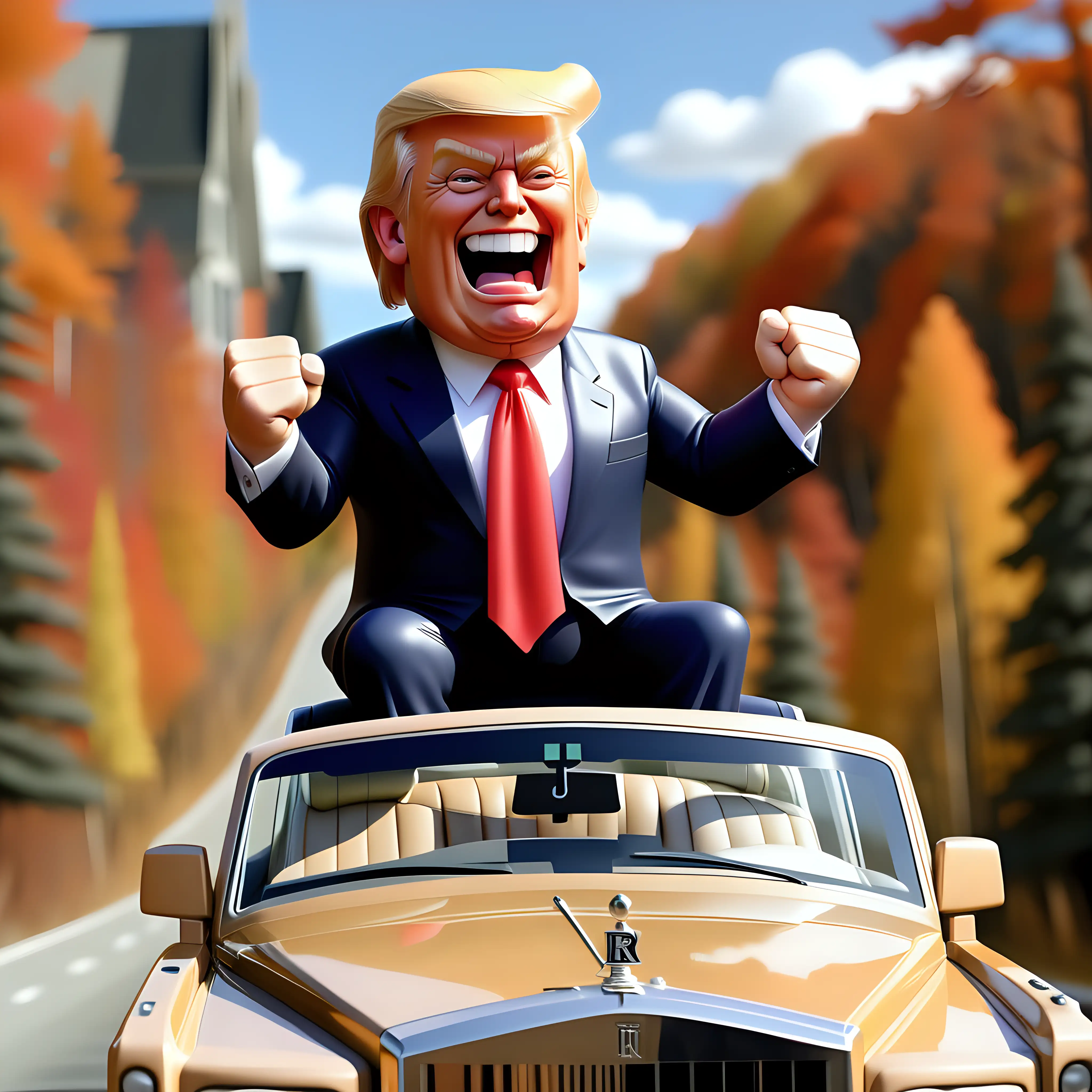 Cartoon Style Donald Trump Joyfully Drives Open Rolls Royce in New Hampshire