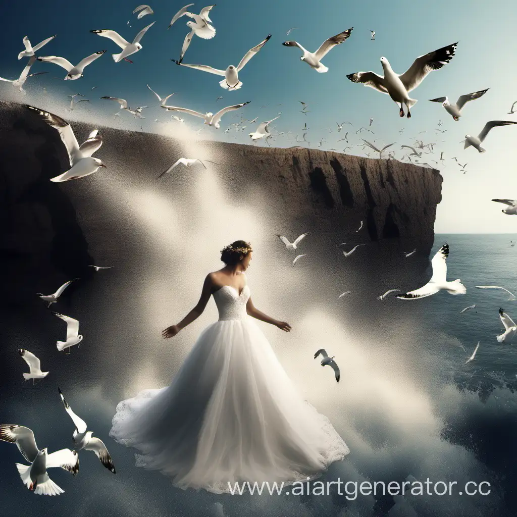 Невеста падает с обрыва скалы в море кружат чайки