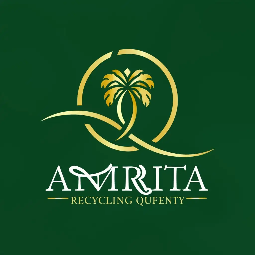 logo, infinity, palm, recycling, Gold, green, with the text "Amrita", typography