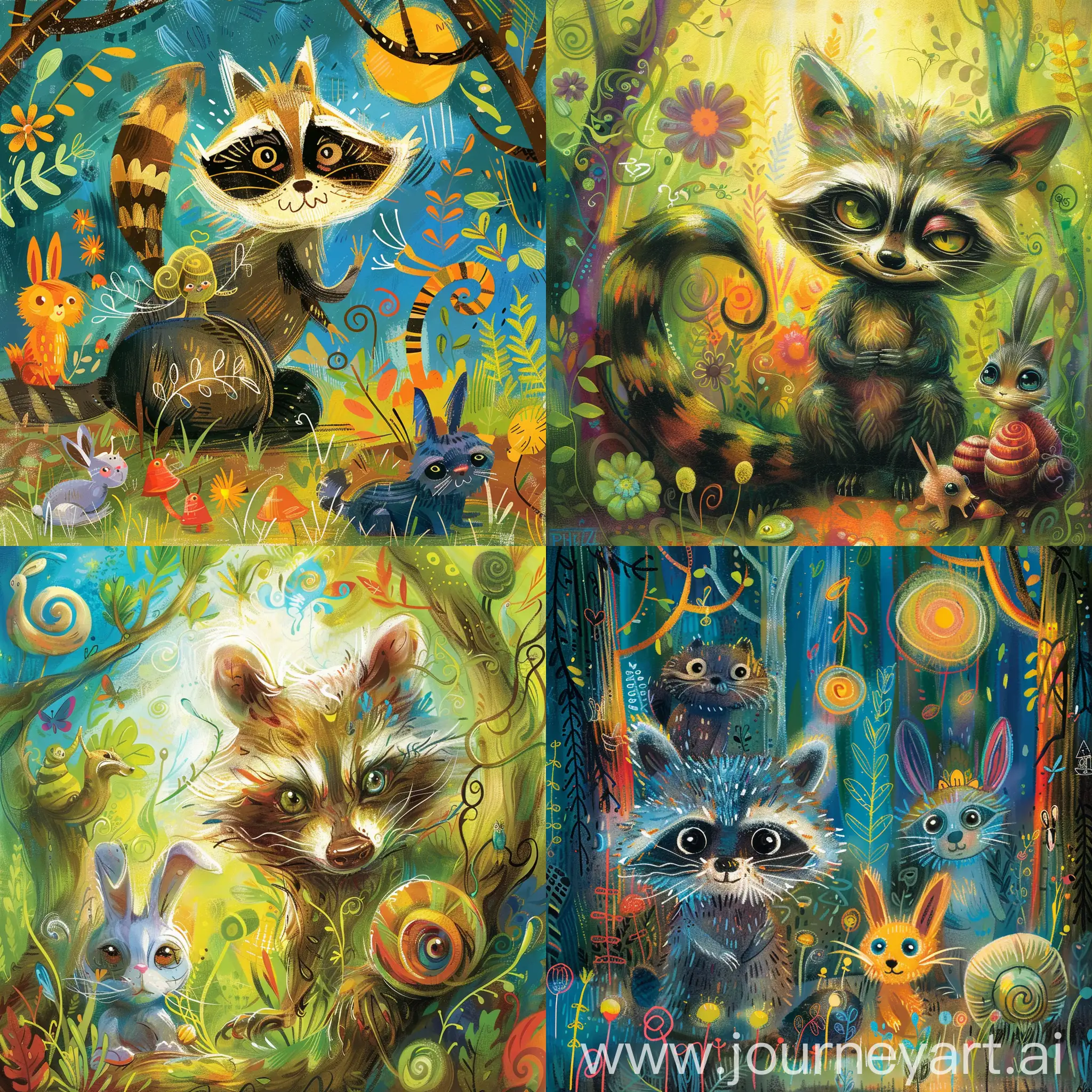 Forest animal fairy tale style ((dirty-faced, fierce raccoon)), enchanting friendly snails, rabbits, cats, mythical creatures, and whimsical characters appear in vibrant, colorful backgrounds designed to capture young readers' attention and spark their imaginations.