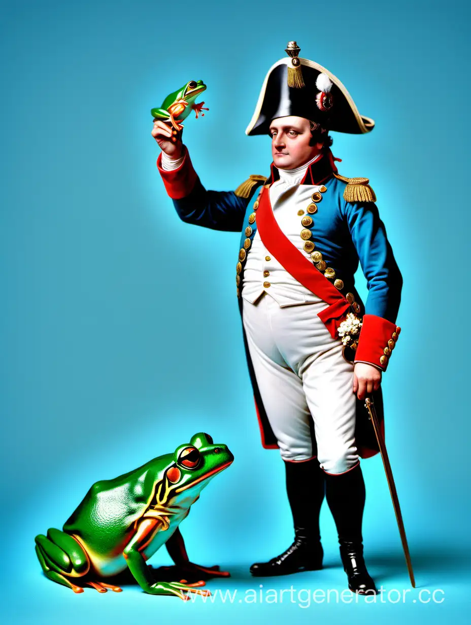 Napoleon-Bonaparte-Posing-with-a-Frog-on-a-Serene-LightBlue-Backdrop