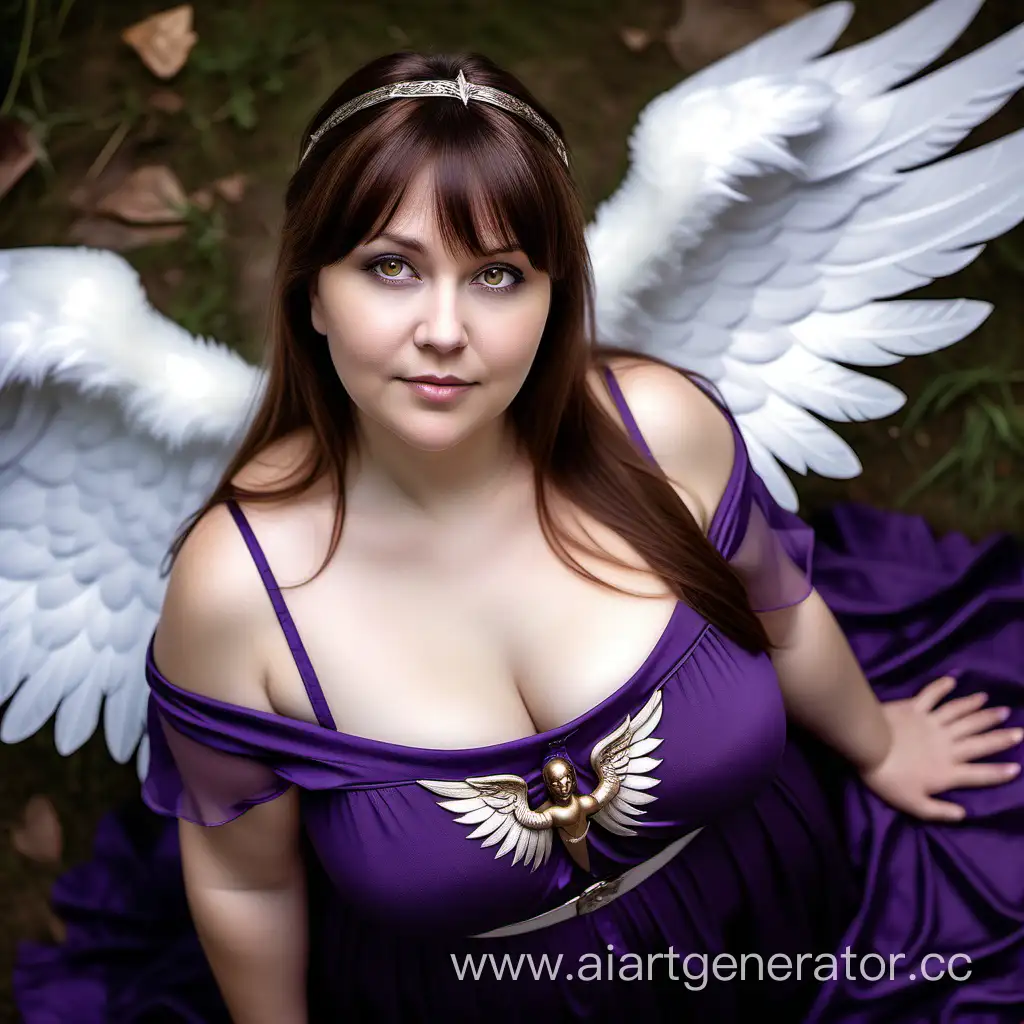 White fat woman, 40 years old, portrait view from above,  upper body, waist-length portrait,long brown hair, straight bangs, slight smile,dark violet dress with decolte, medium breasts, beautiful angel wings, light brown eyes, looks straight, fantasy style, wild gaze