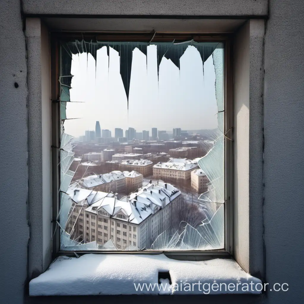 разбитое окно на фоне зимнего города