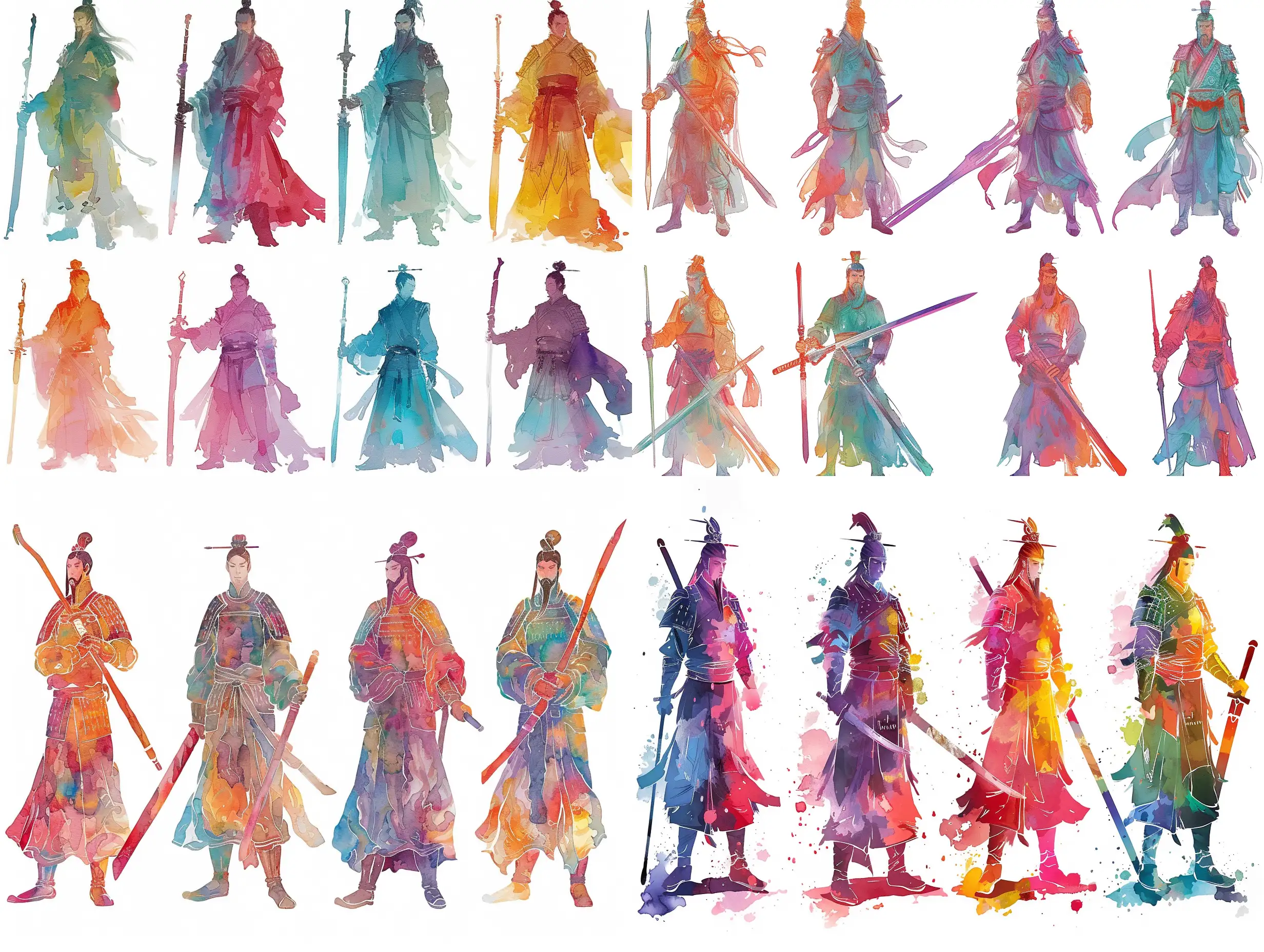 Six variants of an ancient Chinese warrior, standing tall, holding a sword, stylized caricature, clear outline, bright colors, Victor Ngai, watercolor, on a white background, decorative, flat drawing