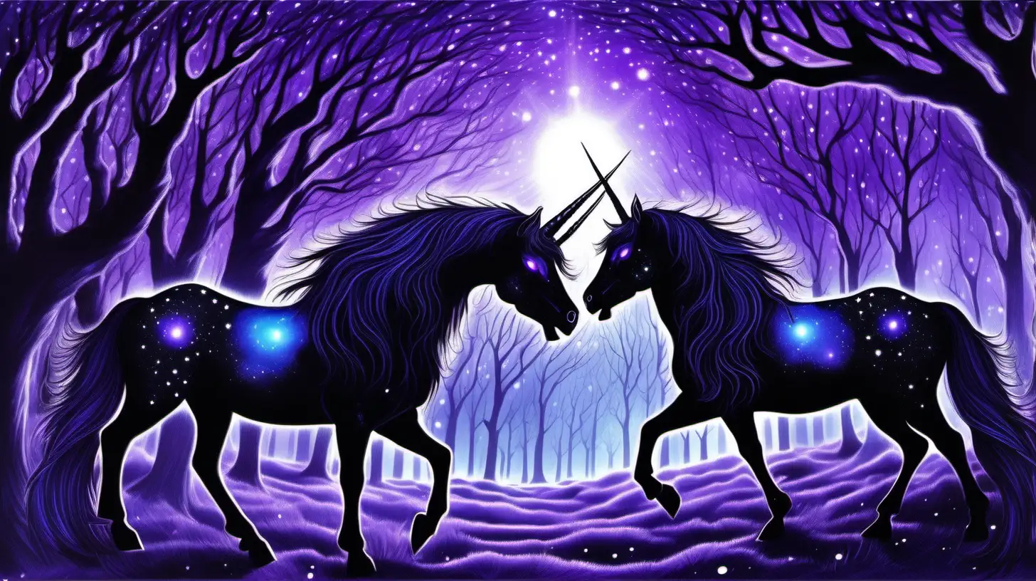 two beautiful black unicorns with horns glowing brightly and their coats and manes shining with stars and the universe, one male and one female, glowing horns, similar to Sue Dawe artwork, fighting to the death of one,  in a shadow laden dark gothic magical realm magical forest with various shades of purple, blue and black desolate landscape TWO UNICORNS ONLY
