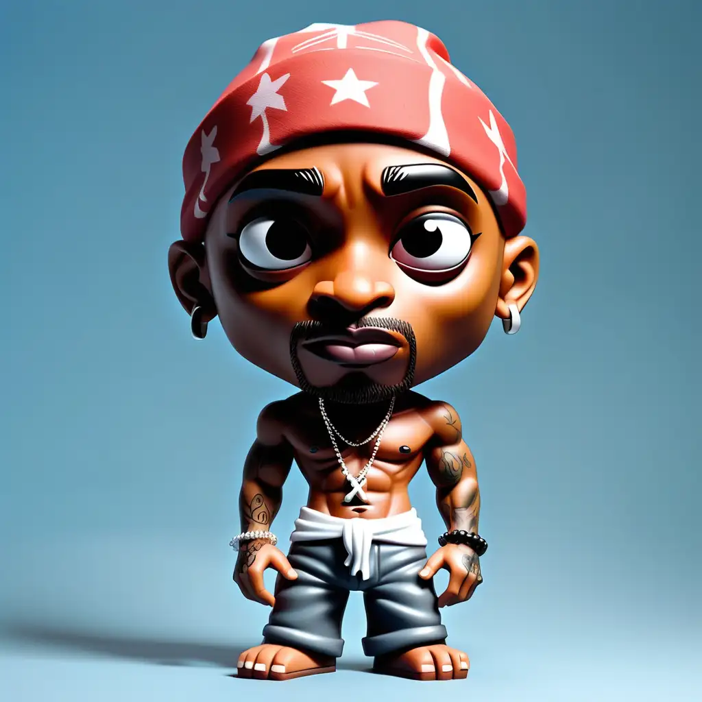 Create a kawaii style plastic toy of tupac.  Must have big head, wearing a bandana on his head. Must have NO shirt on (topless) and have tattoos. 