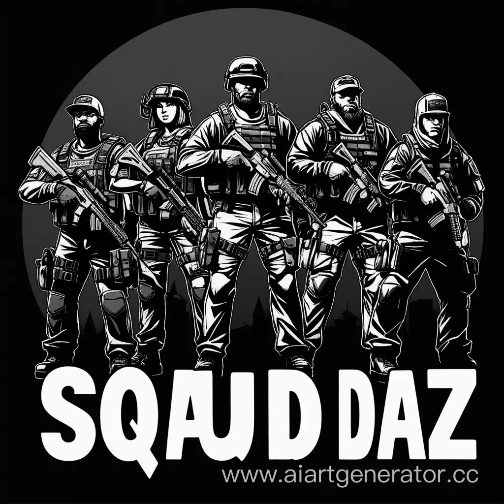 картинка с большим текстом посередине "Squad DAYZ" на черном фоне с двумя персонажами