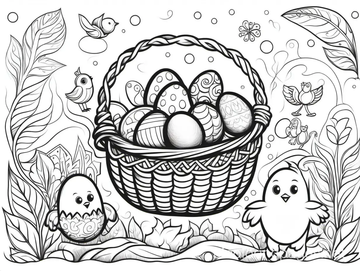 Design a captivating coloring book featuring 'Put all your eggs in one basket' idiom brought to life through whimsical illustrations and intricate patterns, tailored for adults. The coloring page should present a unique visual interpretation of the idiom. Dive deep into the essence of the idiom, exploring its literal and figurative meaning to create engaging and thought-provoking illustrations. Utilize a diverse range of artistic styles, from playful cartoons to intricate line drawings, to capture the essence of the idiom. Let your imagination run wild as you infuse each page with vibrant line, dynamic compositions, and captivating details., Coloring Page, black and white, line art, white background, Simplicity, Ample White Space. The background of the coloring page is plain white to make it easy for young children to color within the lines. The outlines of all the subjects are easy to distinguish, making it simple for kids to color without too much difficulty