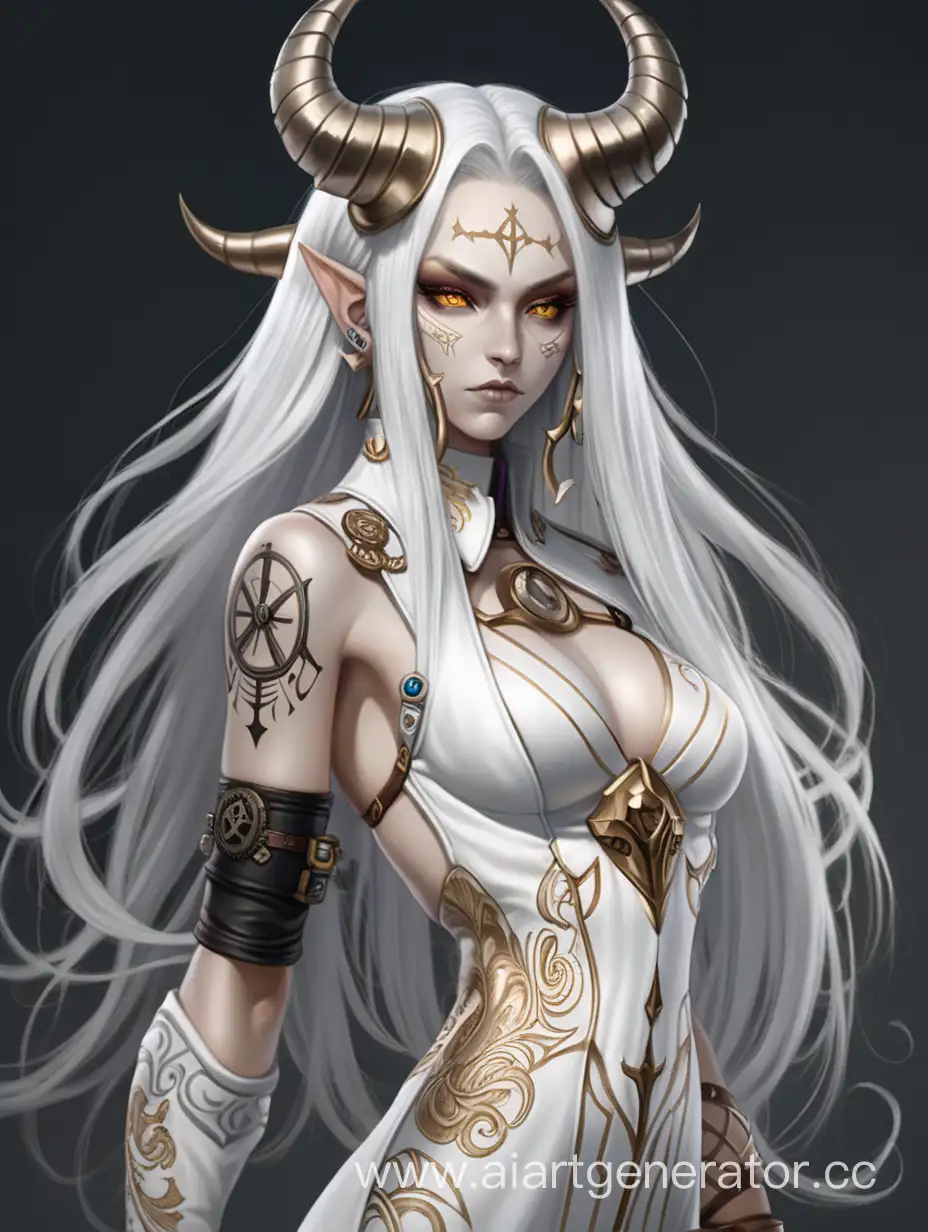 Demon, athletic body, long white hair, clockpunk white and golden aristocrat dress, rune tattoo, horns, female character