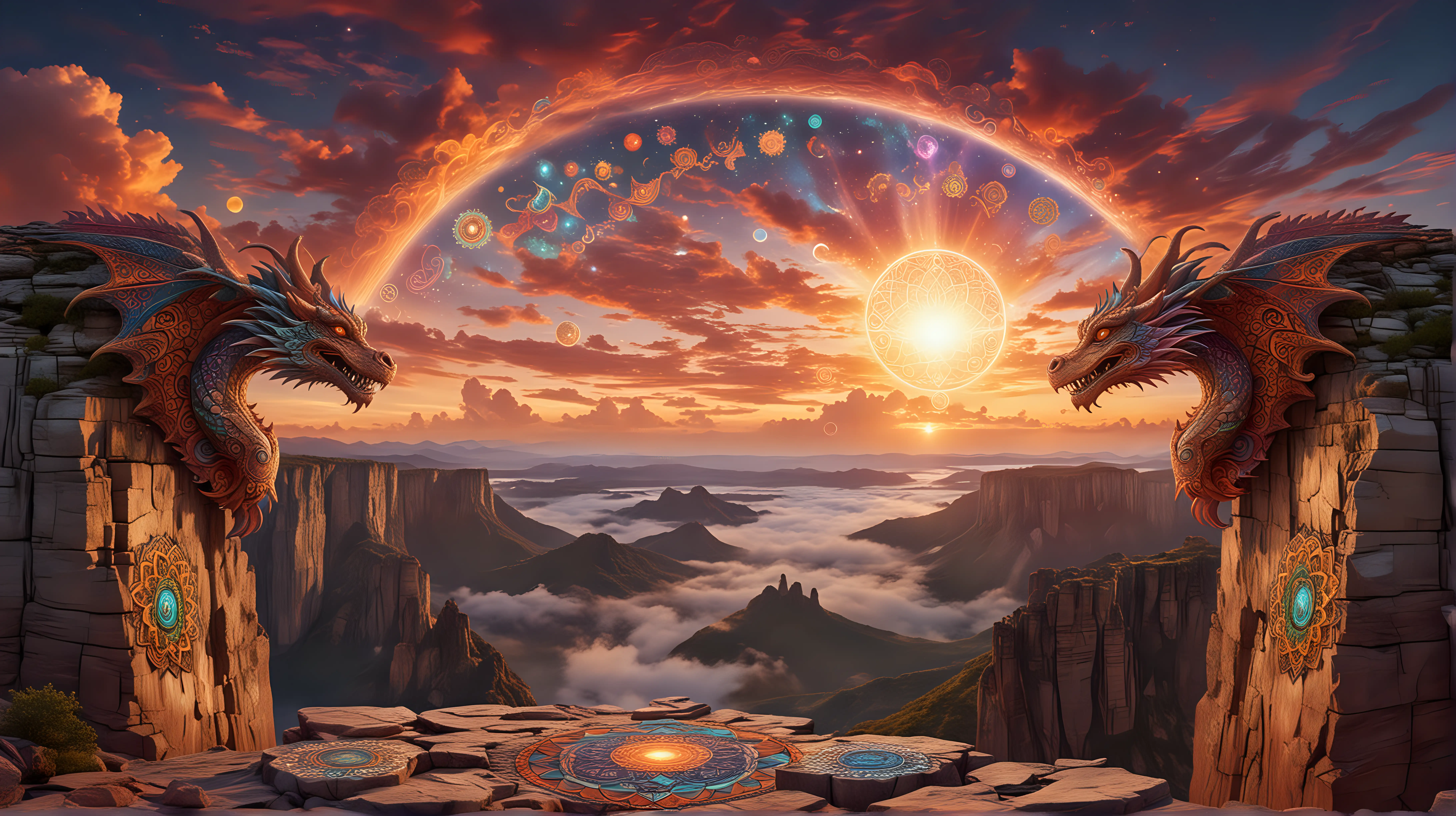 Psychedelic DMT visual on top of a scenic cliff on the edge of the universe at sunset with both the sun and moon visible. The clouds are shaped like dragons and there's 7 glowing chakra mandalas in the sky