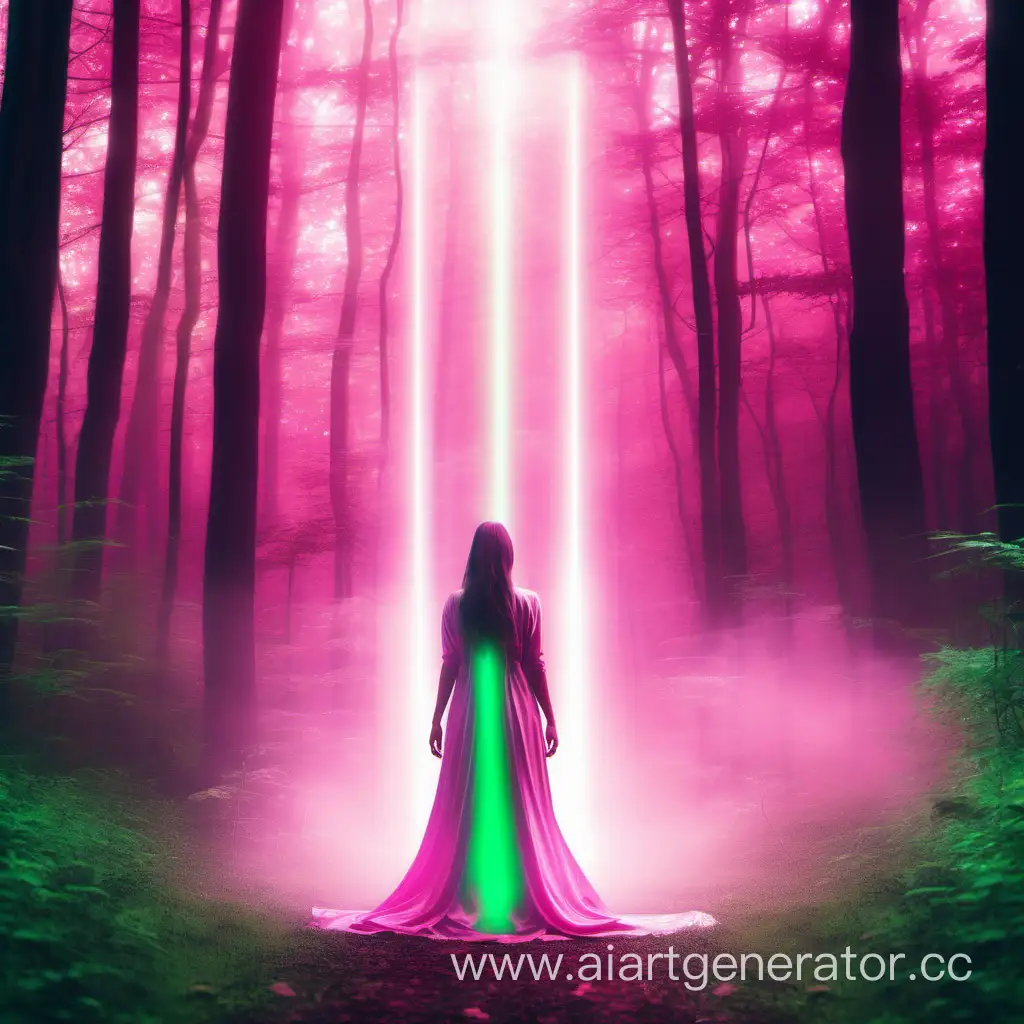духовная девушка, в красивом зеленом лесу, розовая аура